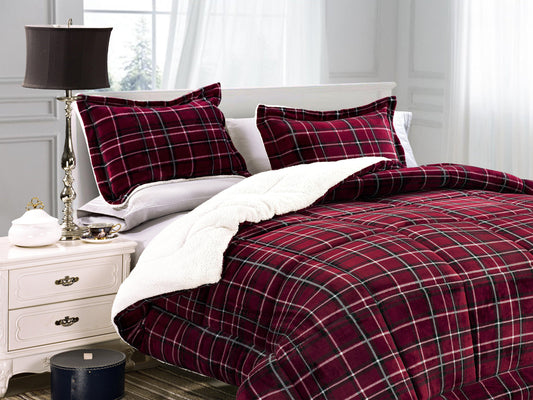 Elegant Comfort 3-Piece Plaid Micro-Suede Reversible Sherpa - Comforter Set