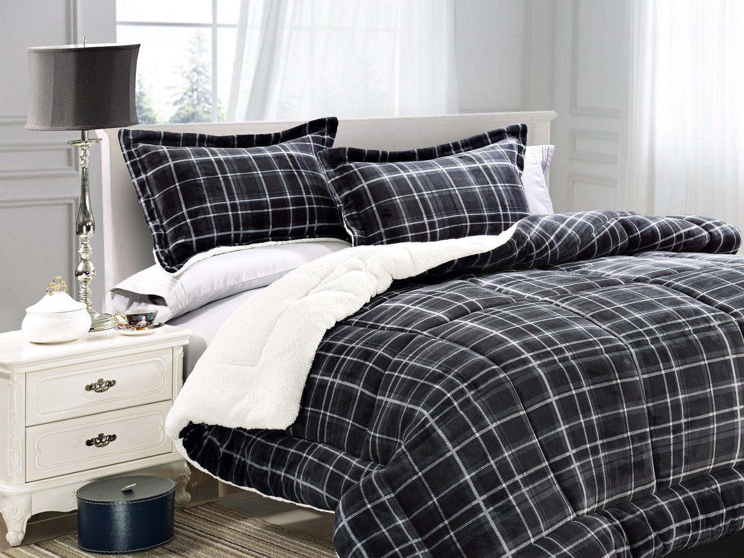 Elegant Comfort 3-Piece Plaid Micro-Suede Reversible Sherpa - Comforter Set