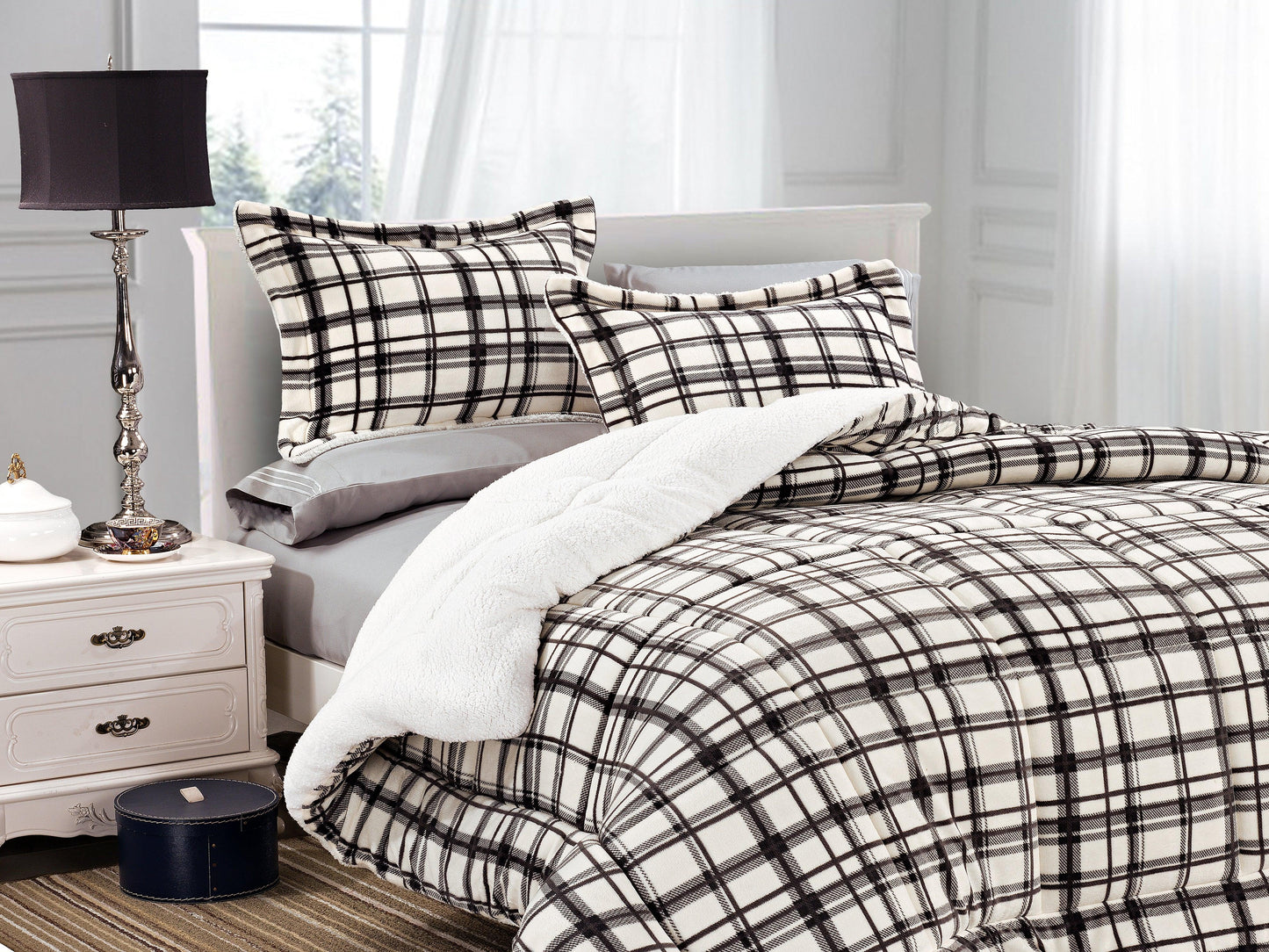 Elegant Comfort 3-Piece Plaid Micro-Suede Reversible Sherpa - Comforter Set