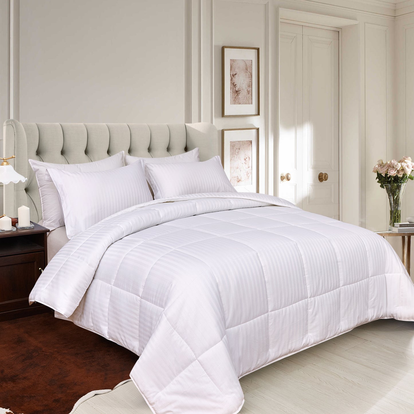 Elegant Comfort 3-Piece Stripe Cotton Box Stitched Comforter Set-Cotton Duvet Insert with 4 Corner Tabs