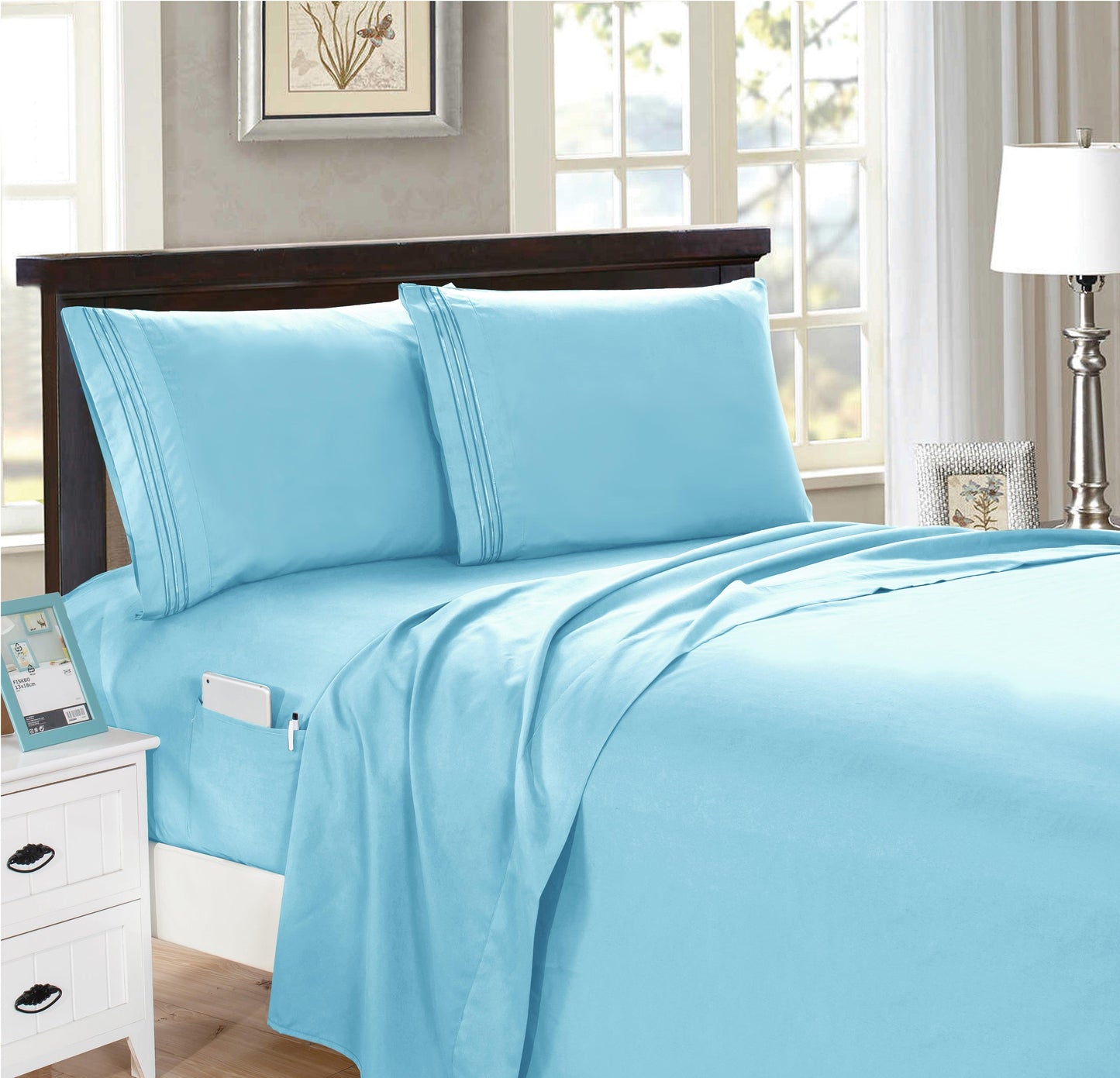 Elegant Comfort 4 Piece Smart Pocket Sheet Set - Features Double Sided Storage Pockets on Fitted Sheet