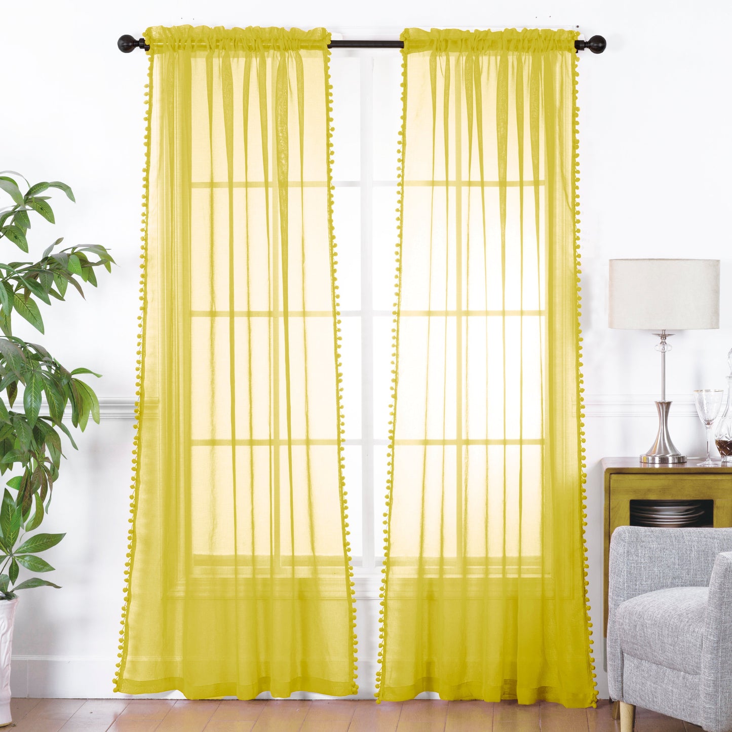 Pom Pom Tasseled Sheer Curtain - Rod Pocket, Set of 2