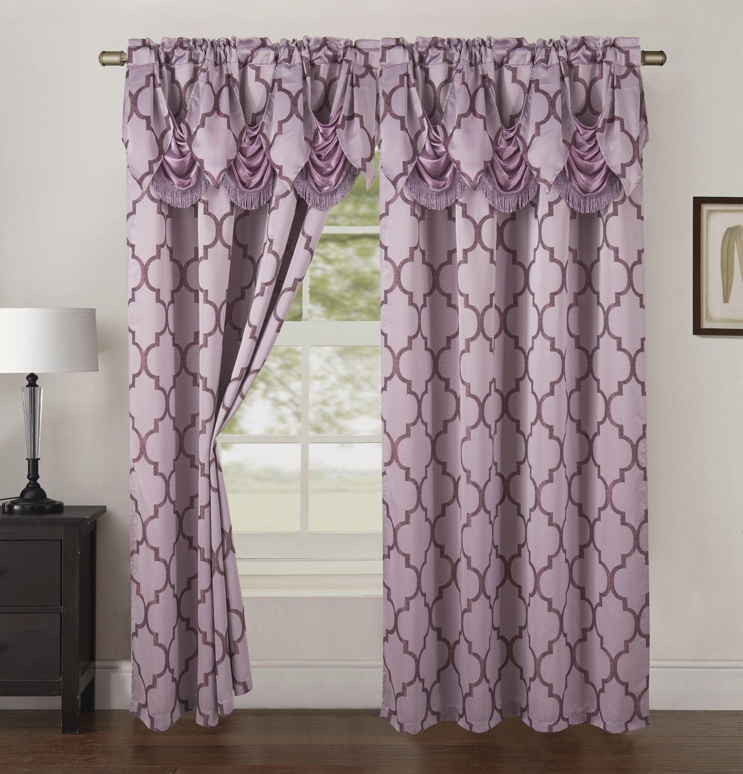 Elegant Comfort 2-Piece Quatrefoil - Moroccan Trellis Jacquard Look Curtain Panels- Attached Valance - 54" W x 84" L, Set of 2