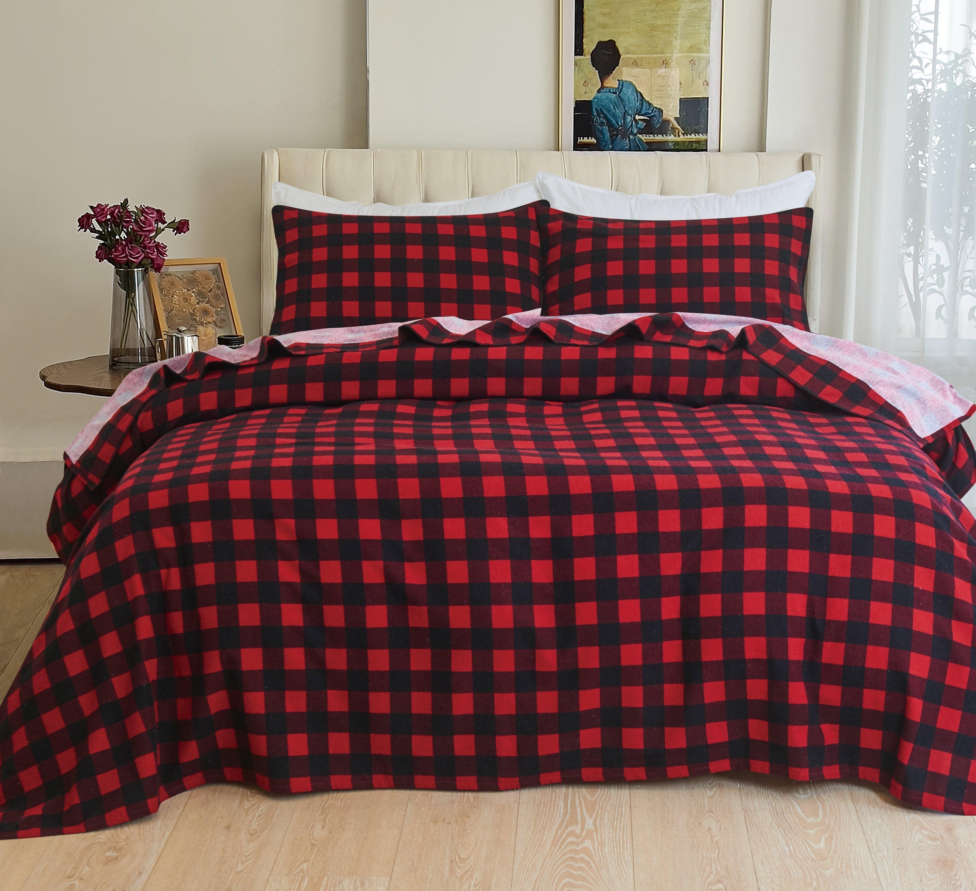 Buffalo Checkered Pattern - 100% Turkish Cotton Flannel, 4-Piece Flannel Sheet Set