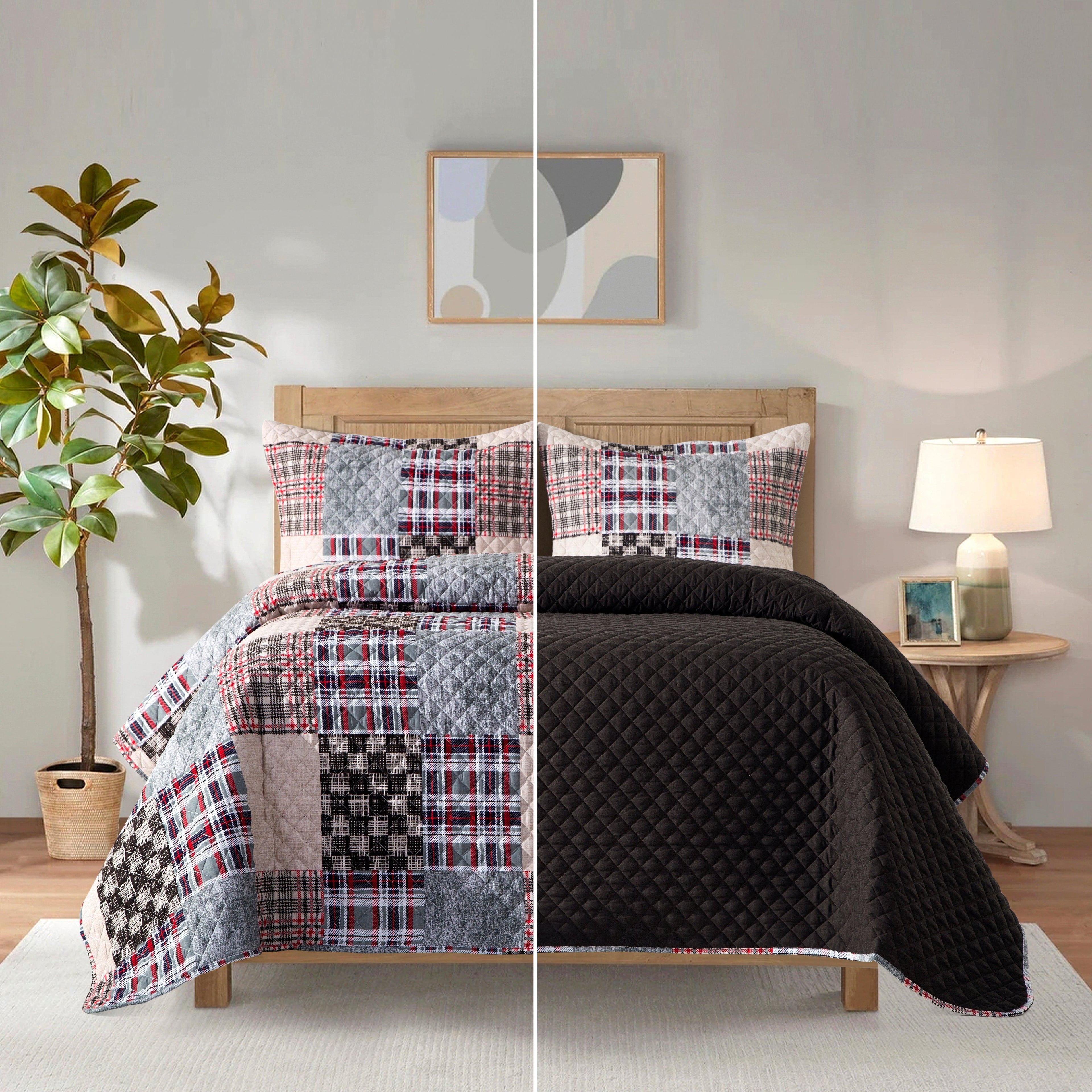 3-Piece Patch Plaid Quilted Reversible Bedspread Coverlet Set