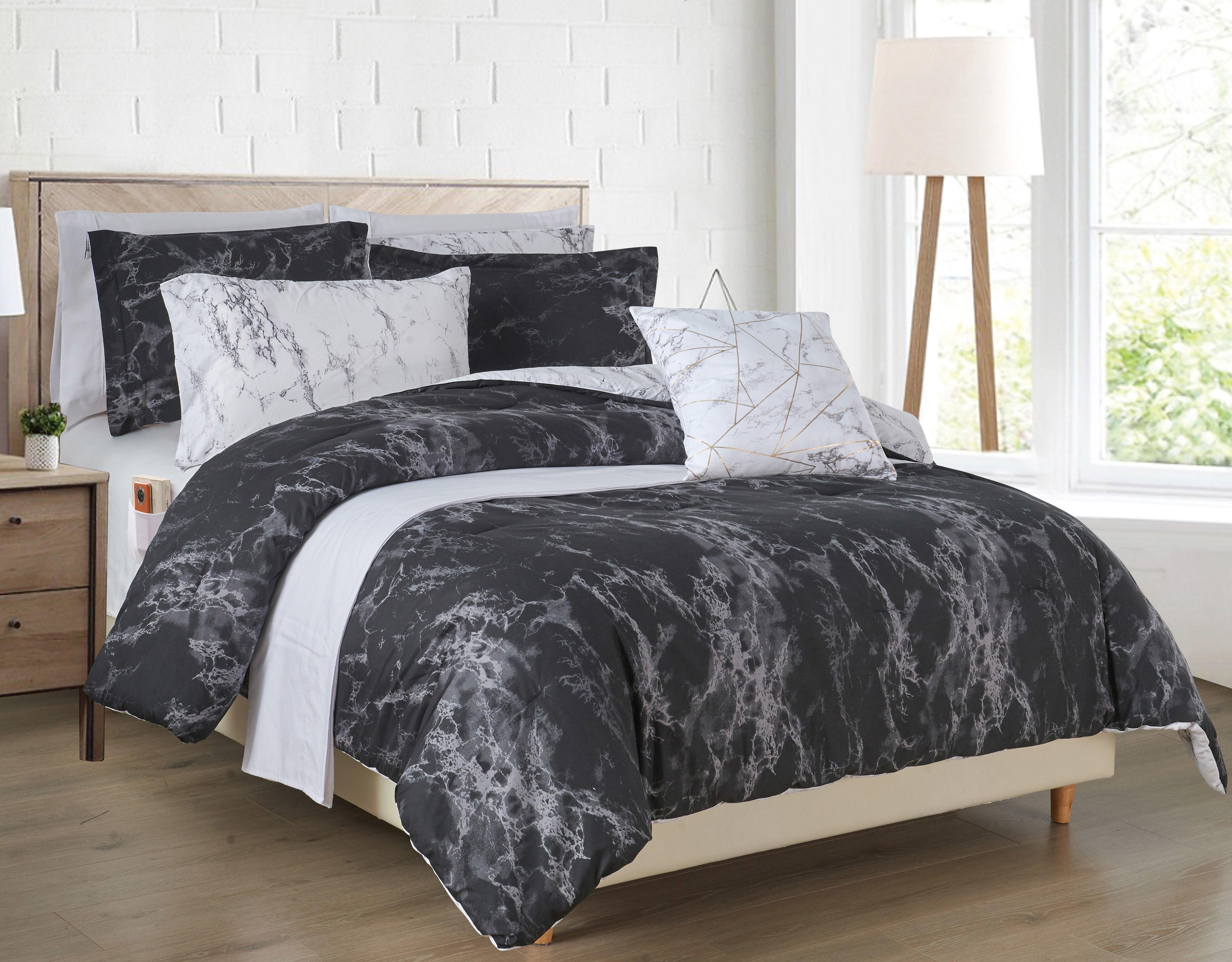 Reversible 10-Piece Marble Print Comforter Set, Includes 6-Piece Sheet Set with Double Sided Storage Pockets