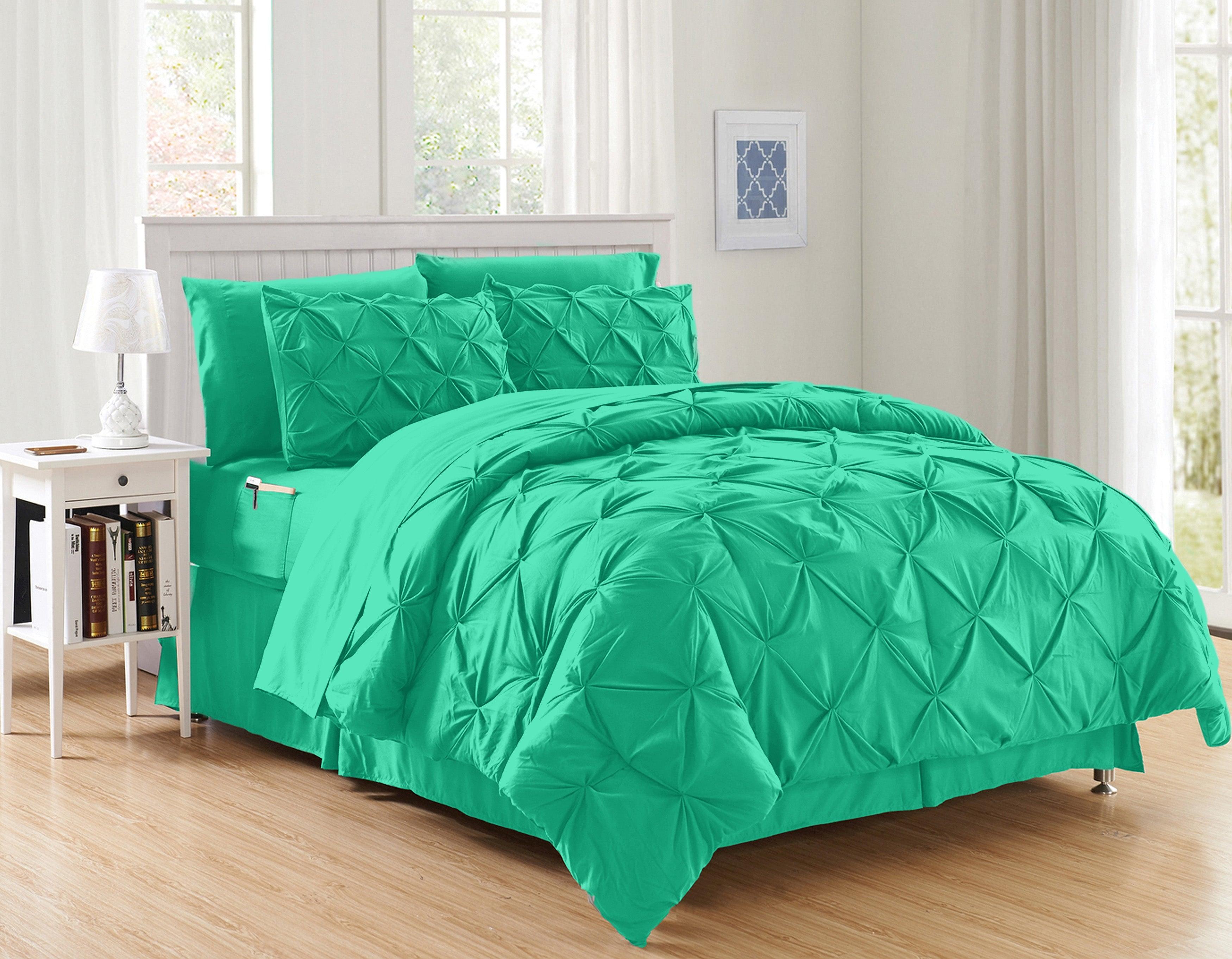 8-Piece Pintuck Pinch Pleated Comforter Set - Includes 4-Piece Sheet Set with Double Sided Storage Pockets
