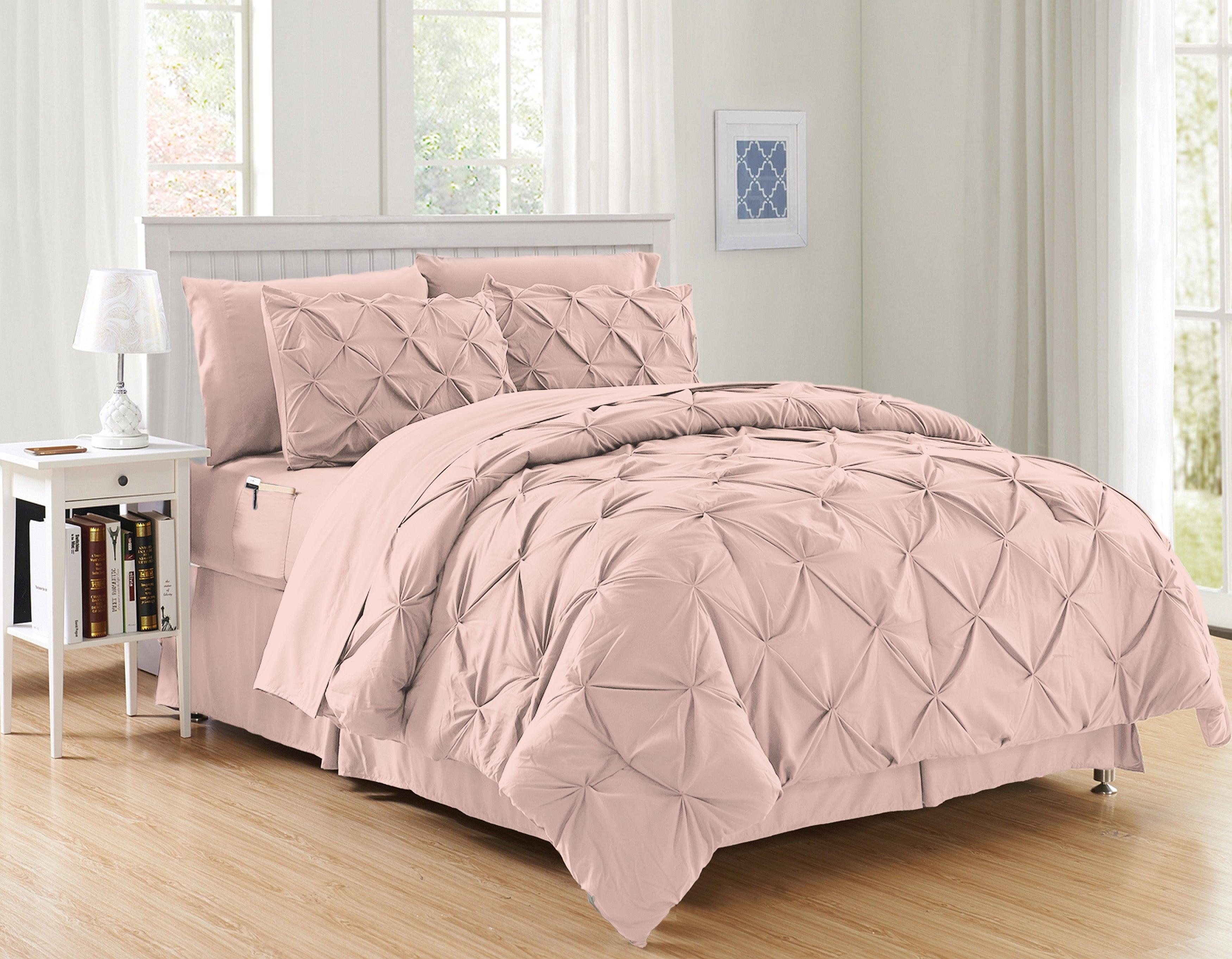 8-Piece Pintuck Pinch Pleated Comforter Set - Includes 4-Piece Sheet Set with Double Sided Storage Pockets