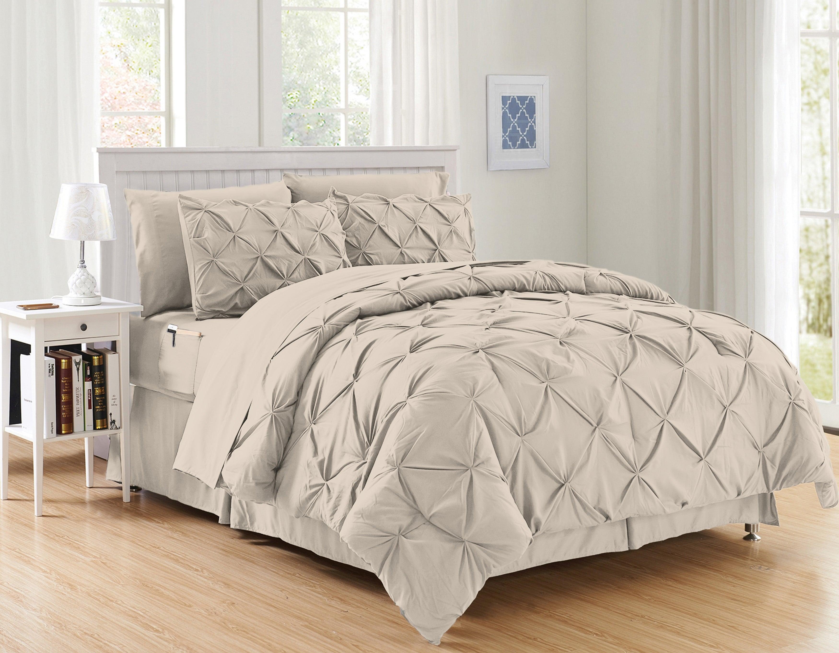 8-Piece Pintuck Pinch Pleated Comforter Set - Includes 4-Piece Sheet Set with Double Sided Storage Pockets