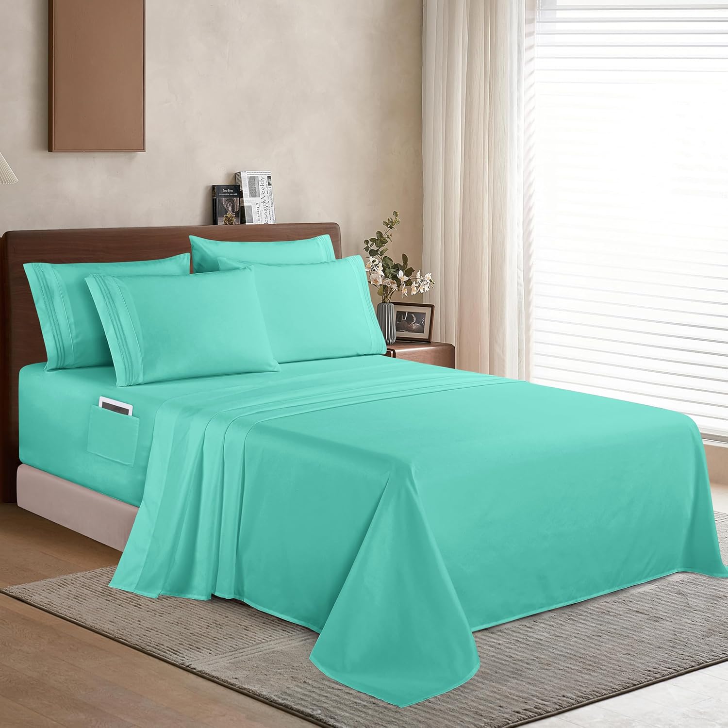 Extra deep Pocket 3 Line Embroidery, 6-Piece Sheet Set