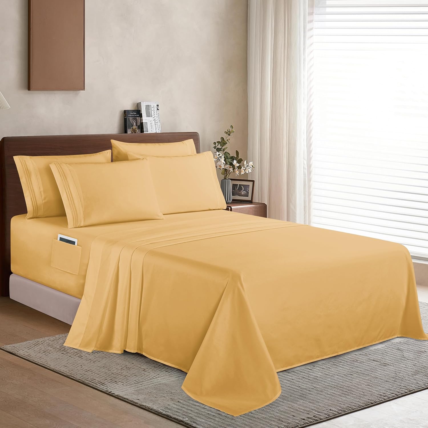Extra deep Pocket 3 Line Embroidery, 6-Piece Sheet Set