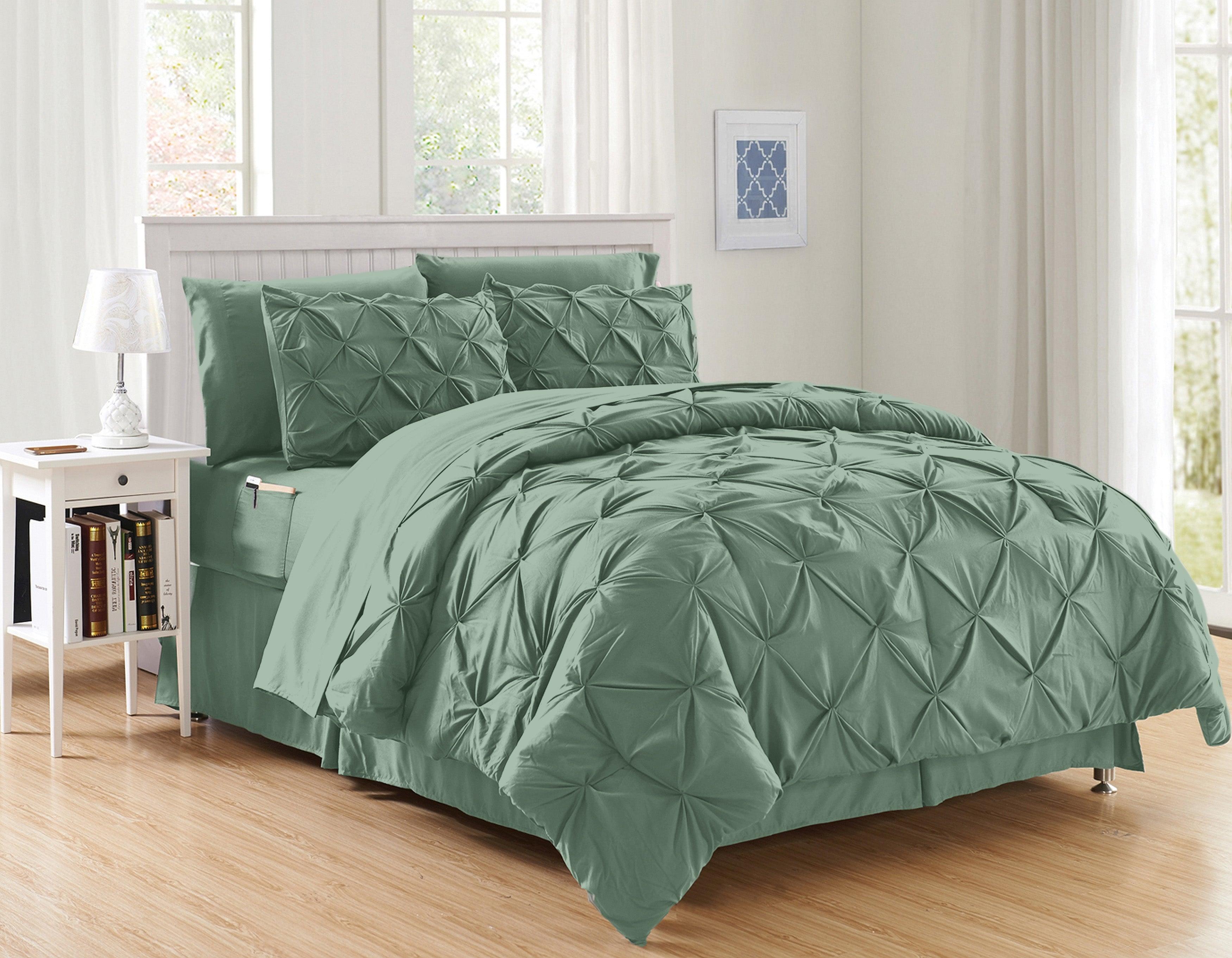 8-Piece Pintuck Pinch Pleated Comforter Set - Includes 4-Piece Sheet Set with Double Sided Storage Pockets