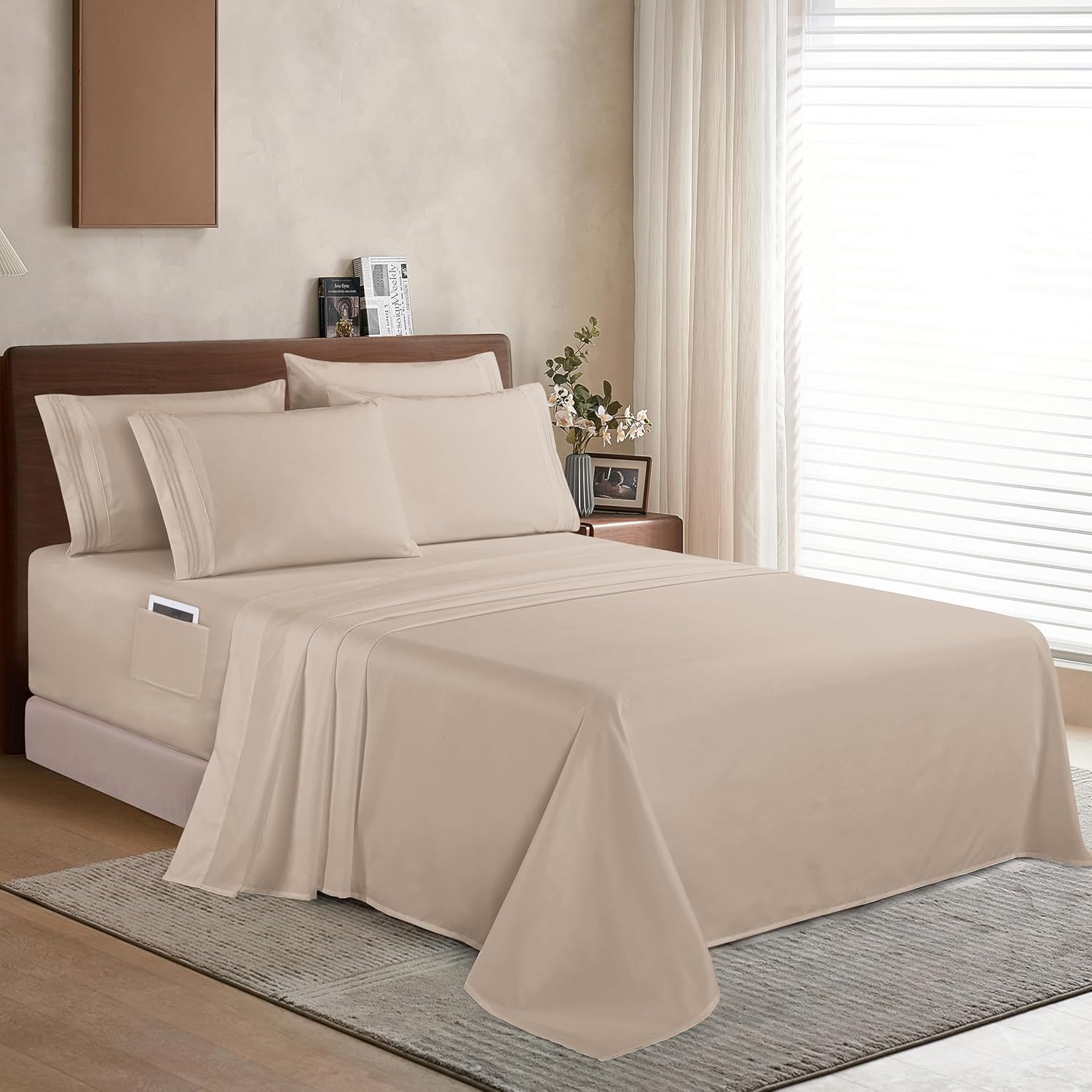 Extra deep Pocket 3 Line Embroidery, 6-Piece Sheet Set