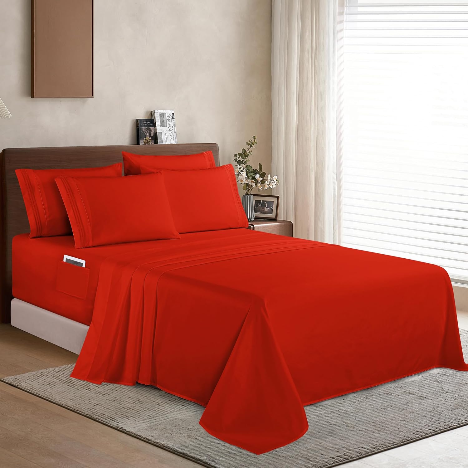 Extra deep Pocket 3 Line Embroidery, 6-Piece Sheet Set