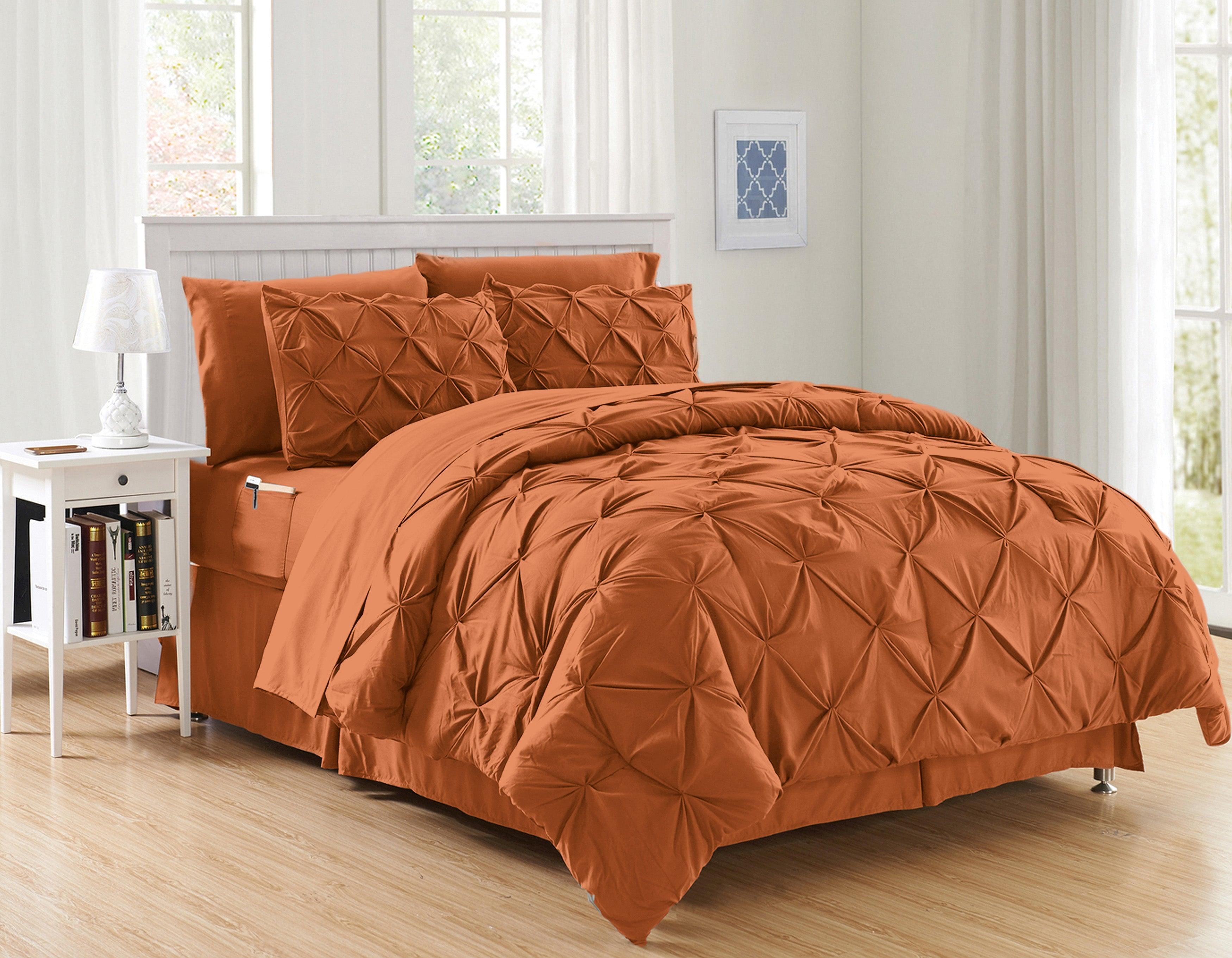 8-Piece Pintuck Pinch Pleated Comforter Set - Includes 4-Piece Sheet Set with Double Sided Storage Pockets