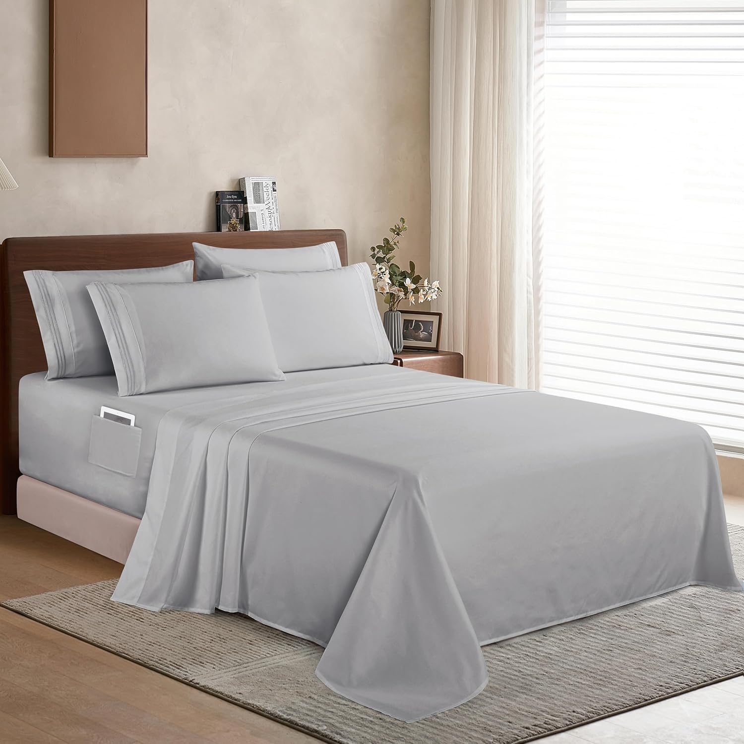 Extra deep Pocket 3 Line Embroidery, 6-Piece Sheet Set