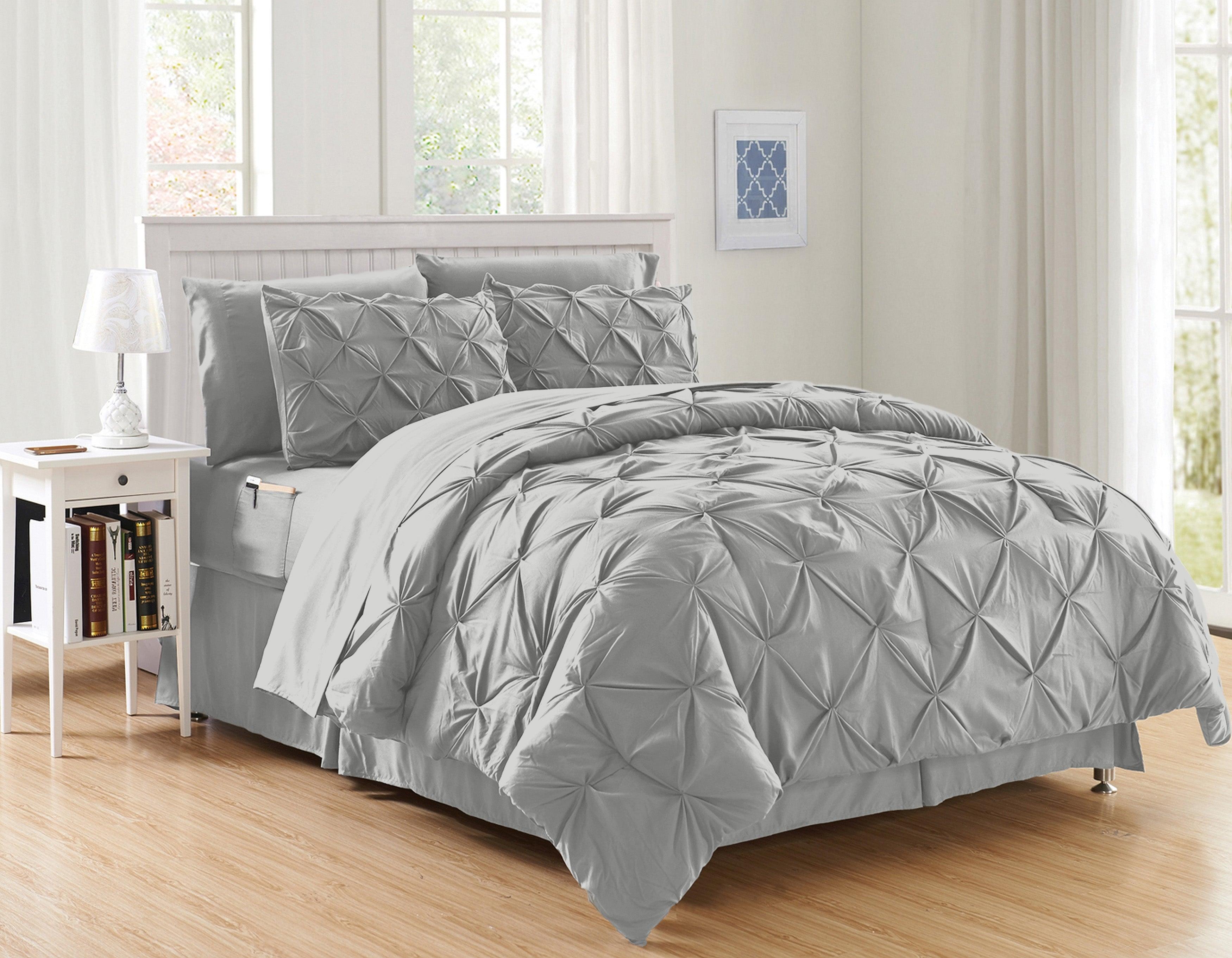 8-Piece Pintuck Pinch Pleated Comforter Set - Includes 4-Piece Sheet Set with Double Sided Storage Pockets