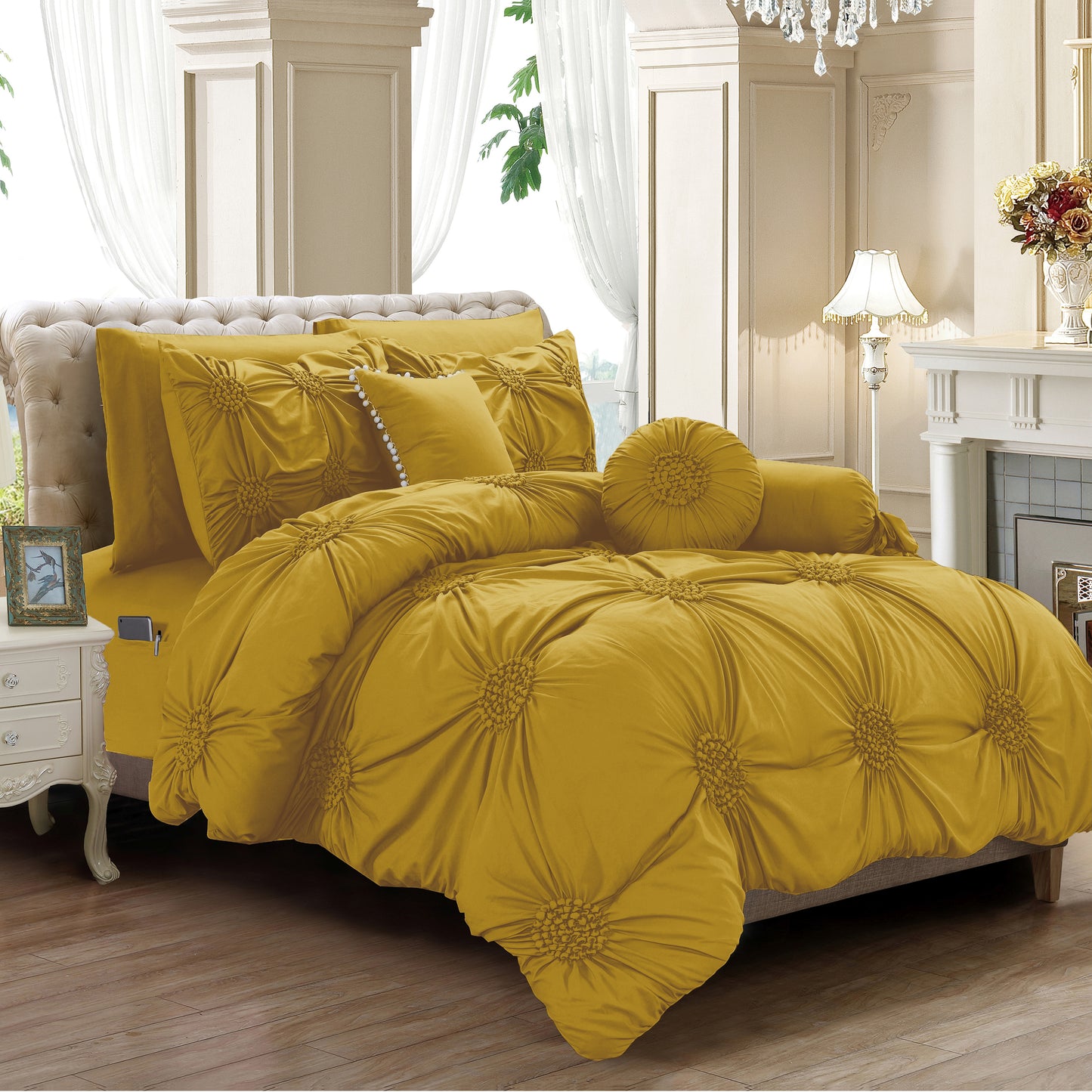 Elegant Comfort 10-Piece Sunflower Comforter Set - Includes 4-Piece Sheet Set with Double Sided Storage Pockets