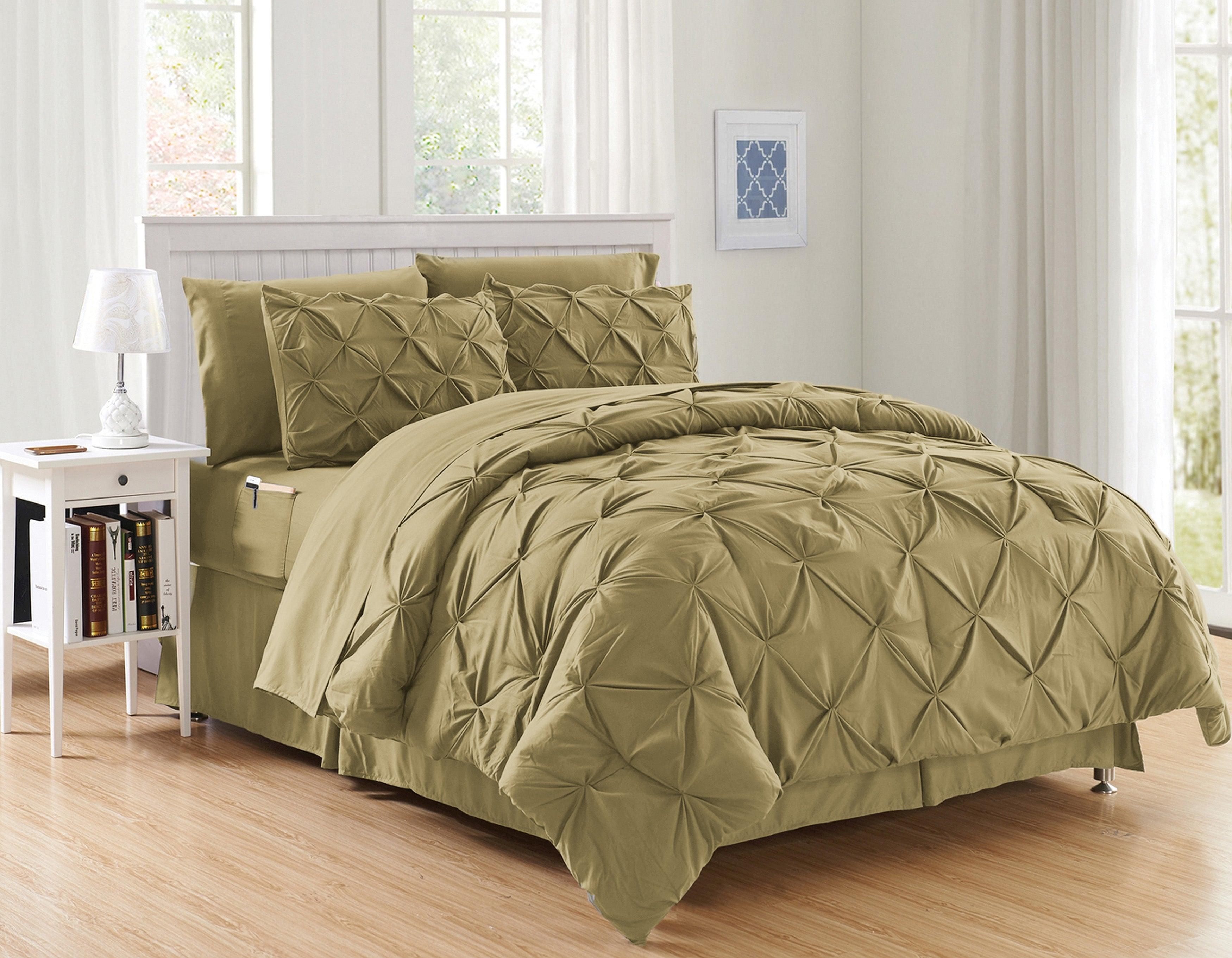 8-Piece Pintuck Pinch Pleated Comforter Set - Includes 4-Piece Sheet Set with Double Sided Storage Pockets