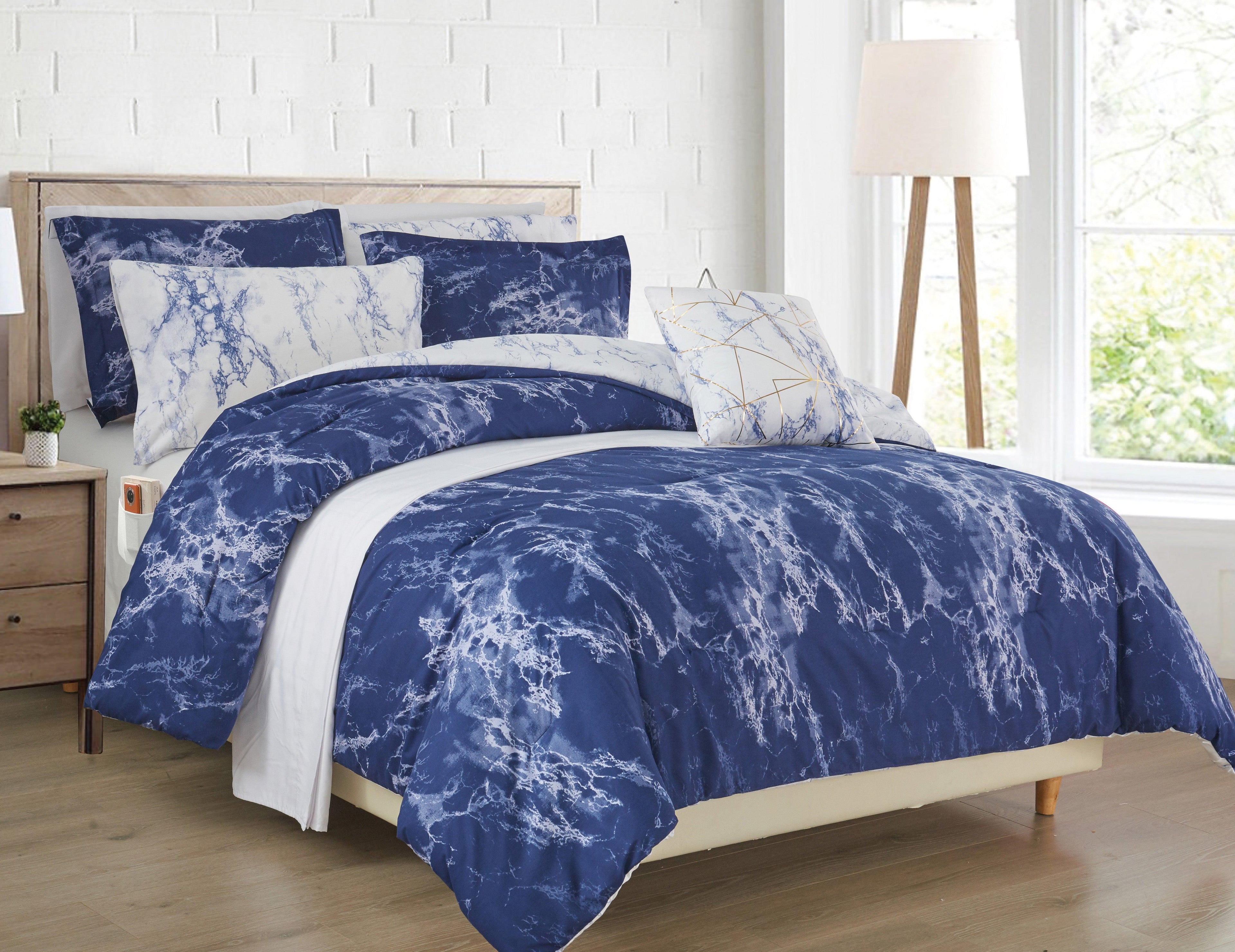 Reversible 10-Piece Marble Print Comforter Set, Includes 6-Piece Sheet Set with Double Sided Storage Pockets