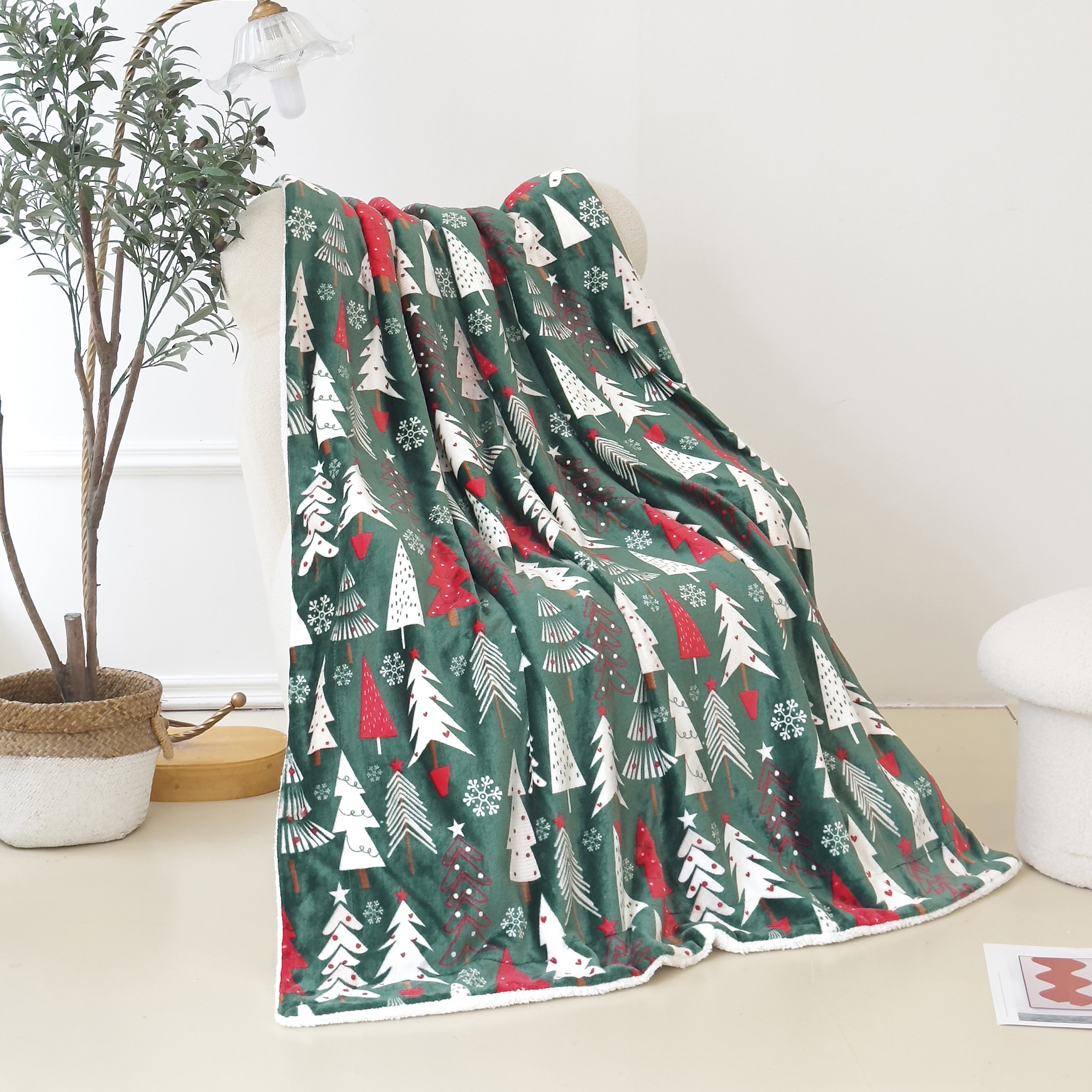 Christmas Sherpa Throw with Flannel Fleece - 50 x 60 inches