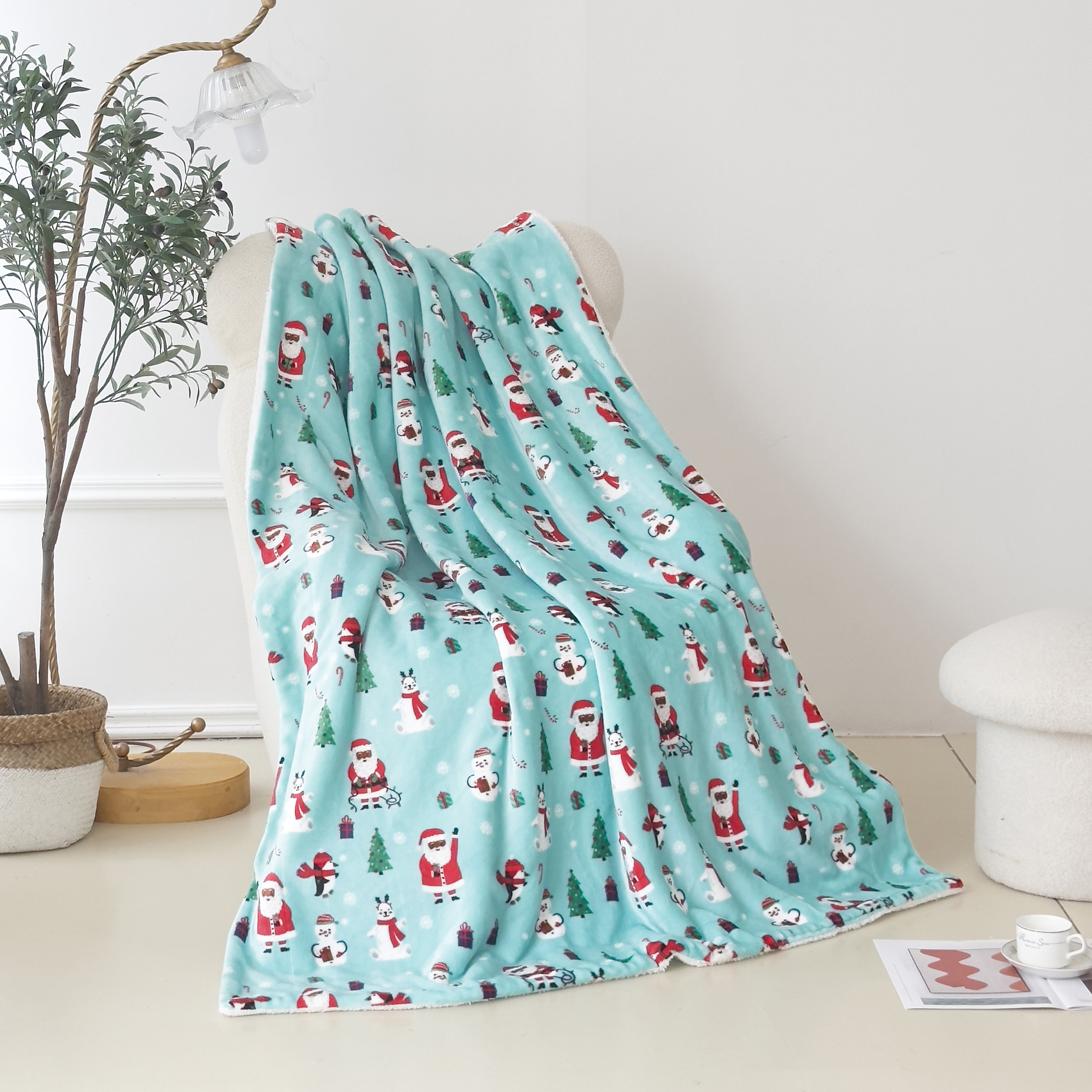 Christmas Sherpa Throw with Flannel Fleece - 50 x 60 inches
