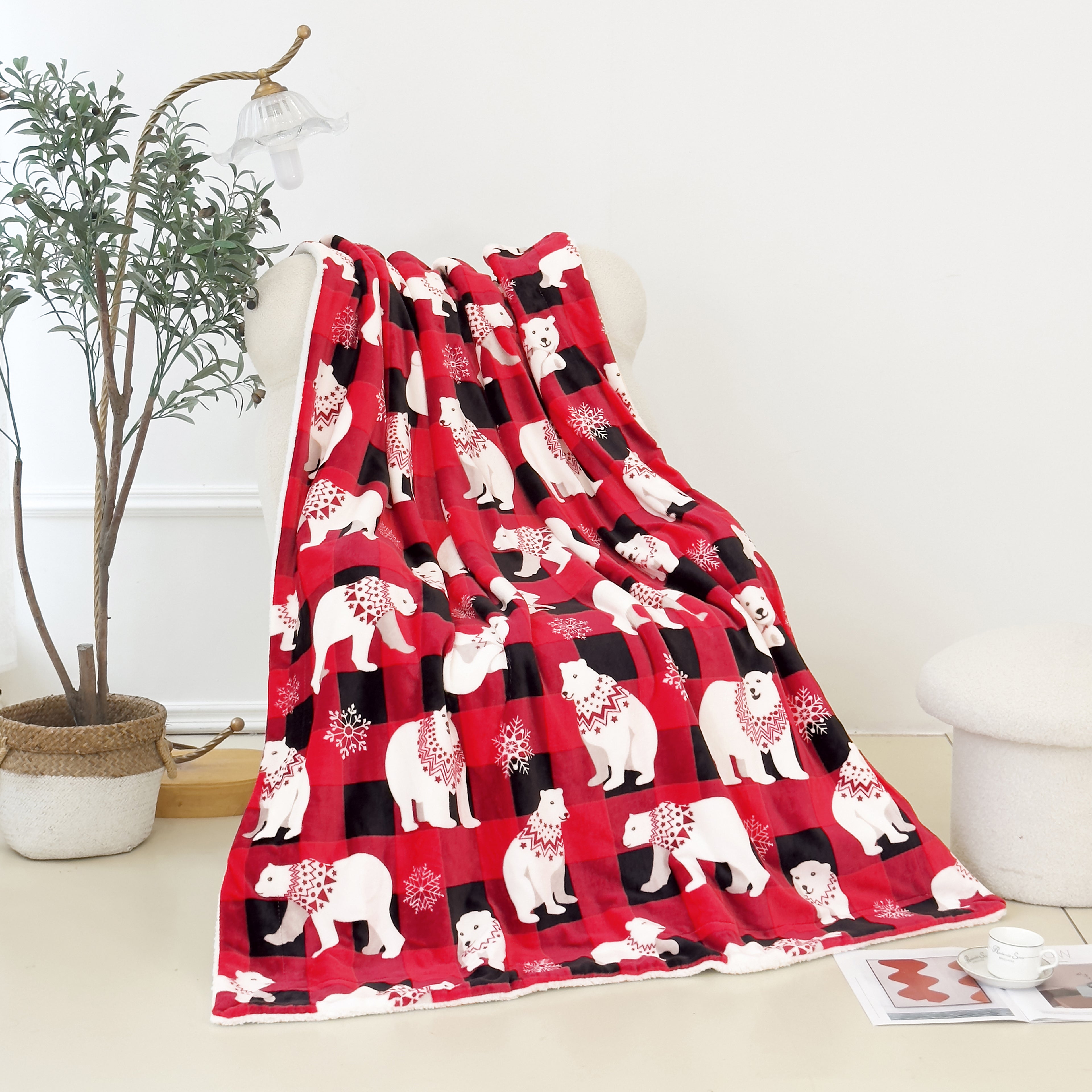 Christmas Sherpa Throw with Flannel Fleece - 50 x 60 inches
