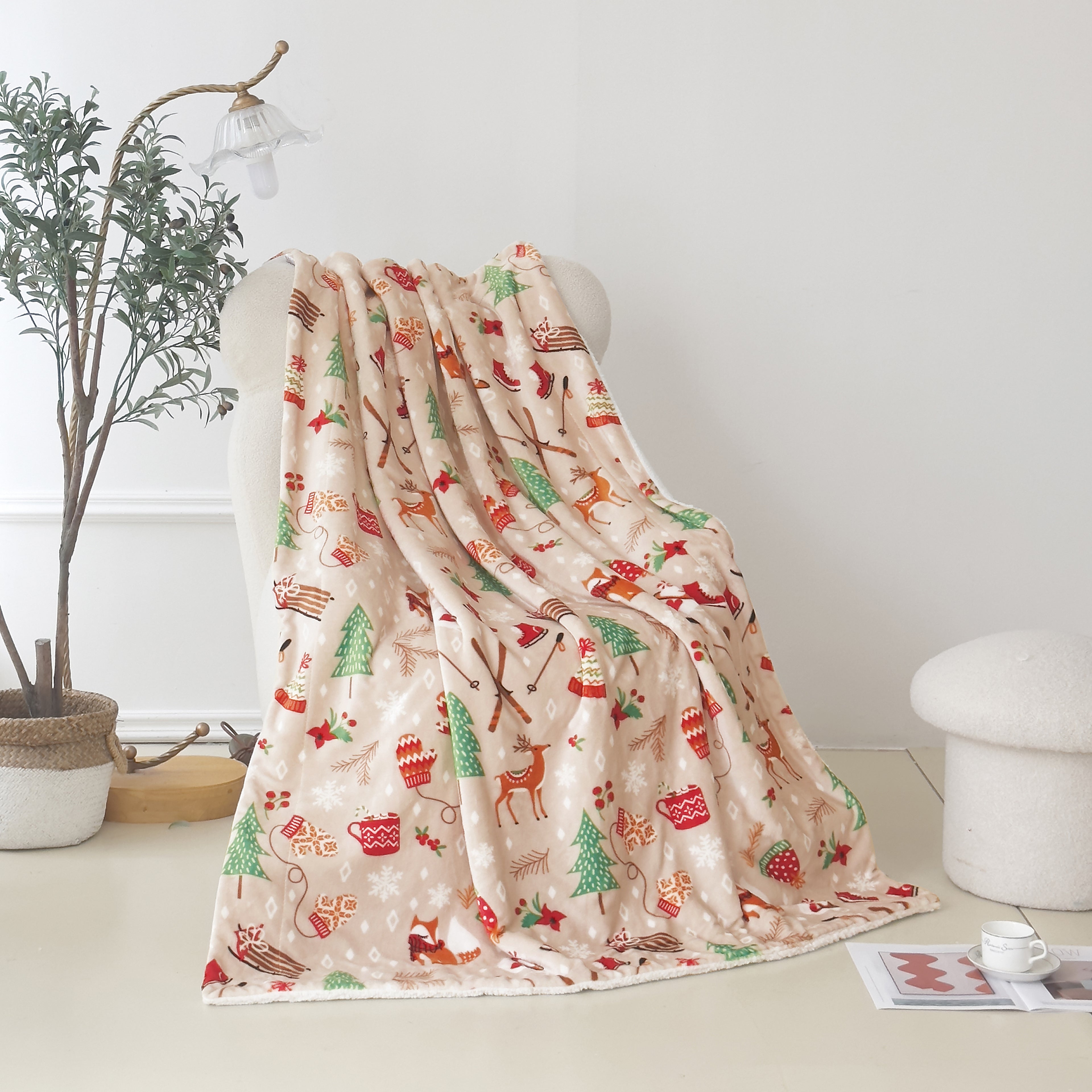 Christmas Sherpa Throw with Flannel Fleece - 50 x 60 inches