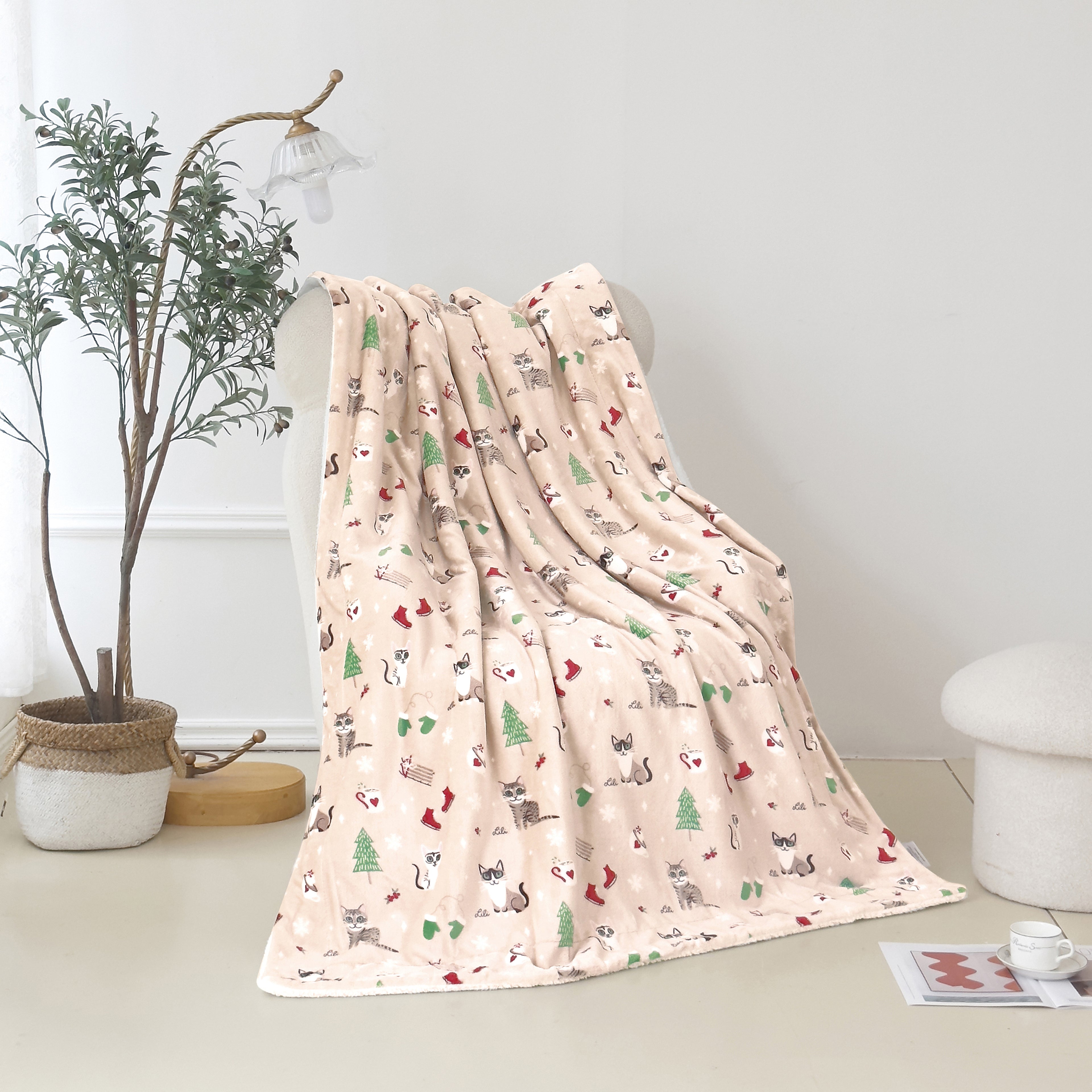 Christmas Sherpa Throw with Flannel Fleece - 50 x 60 inches
