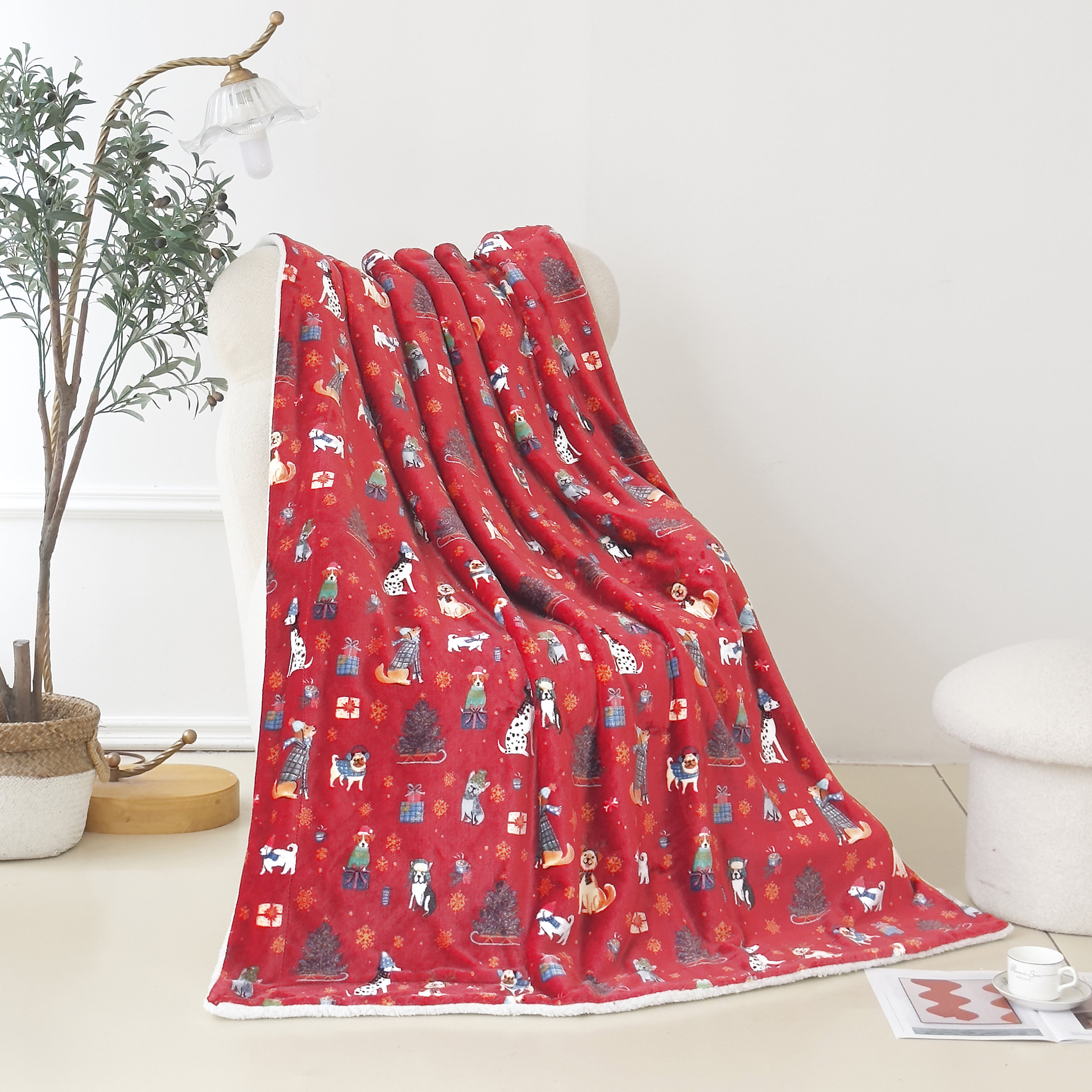 Christmas Sherpa Throw with Flannel Fleece - 50 x 60 inches