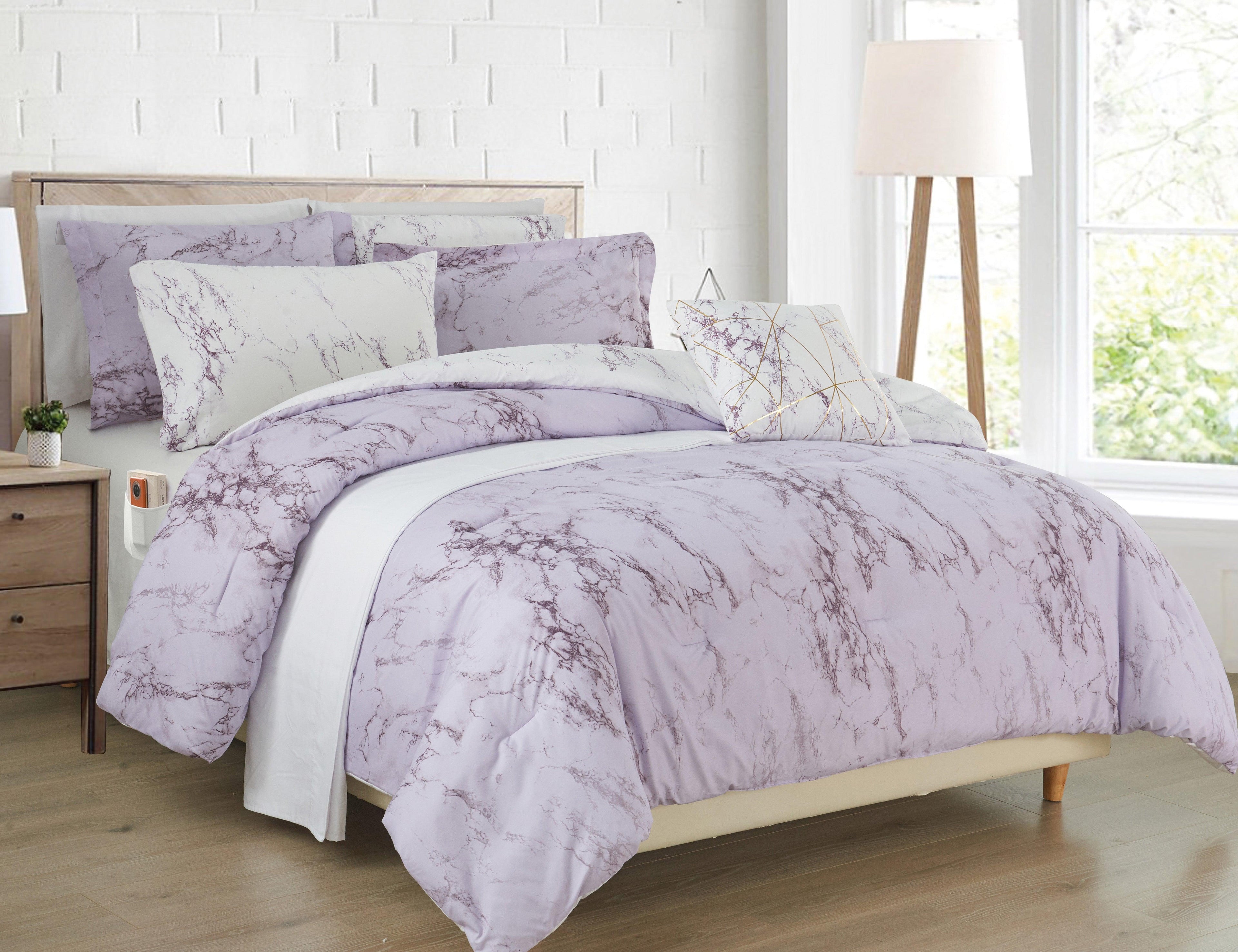 Reversible 10-Piece Marble Print Comforter Set, Includes 6-Piece Sheet Set with Double Sided Storage Pockets