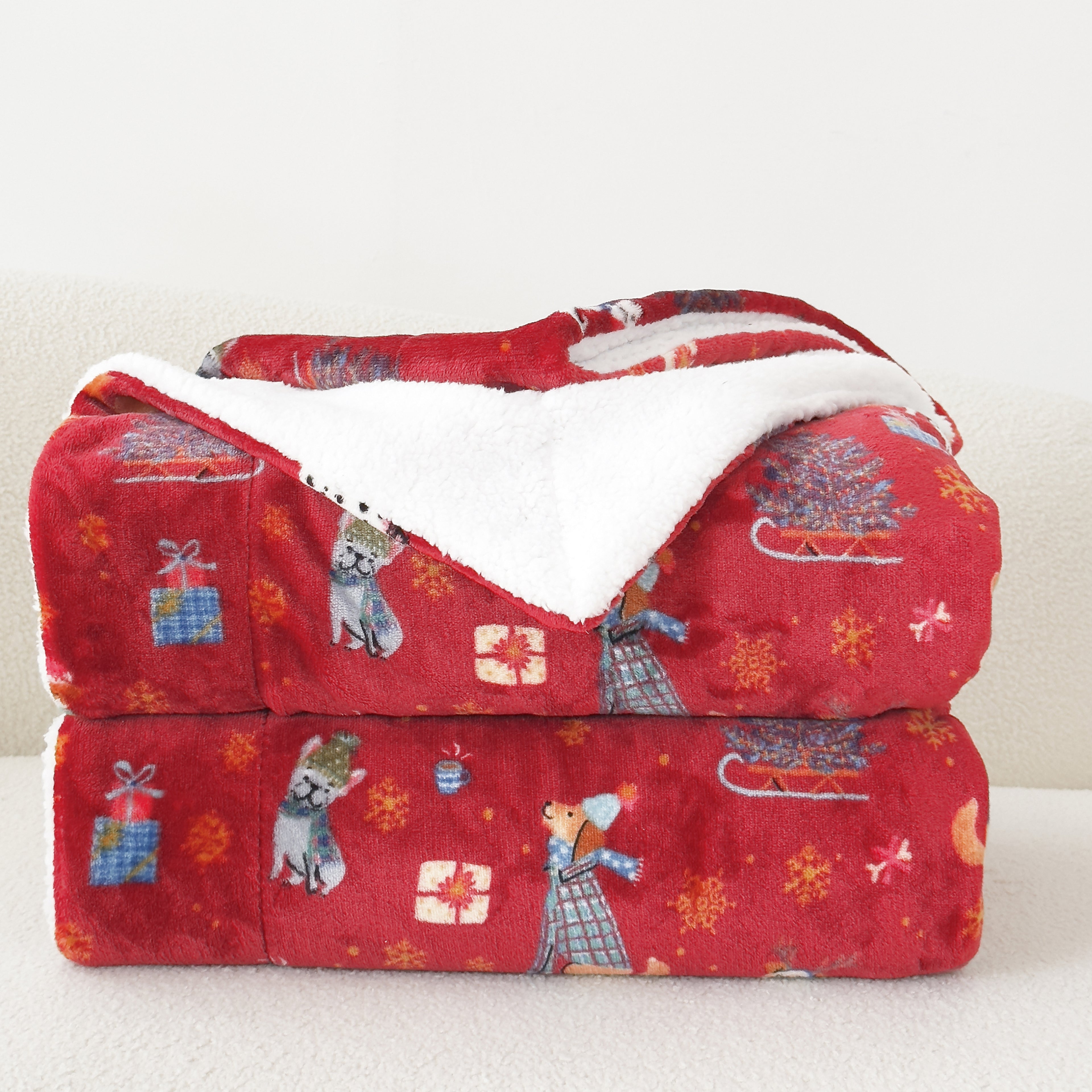 Christmas Sherpa Throw with Flannel Fleece - 50 x 60 inches
