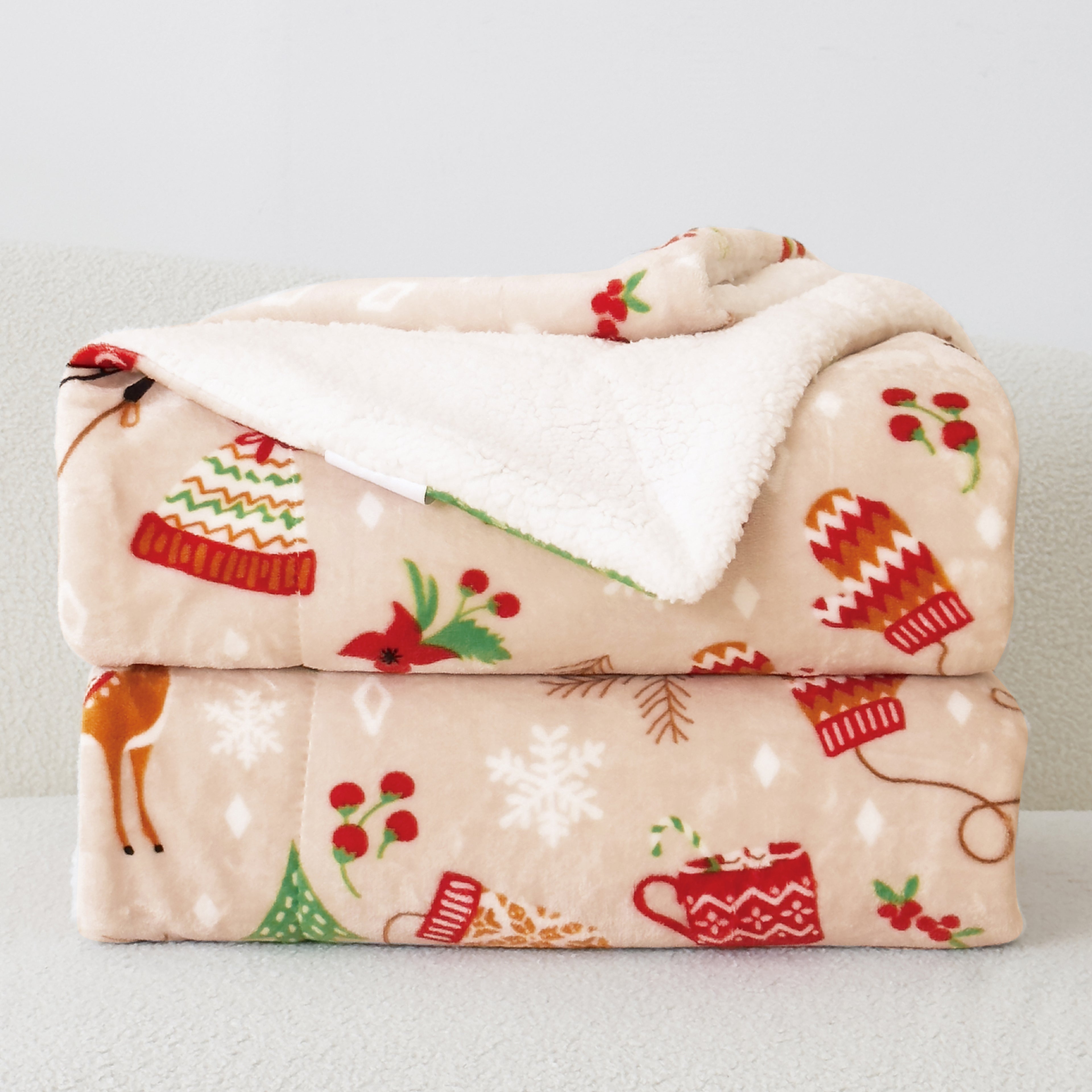 Christmas Sherpa Throw with Flannel Fleece - 50 x 60 inches