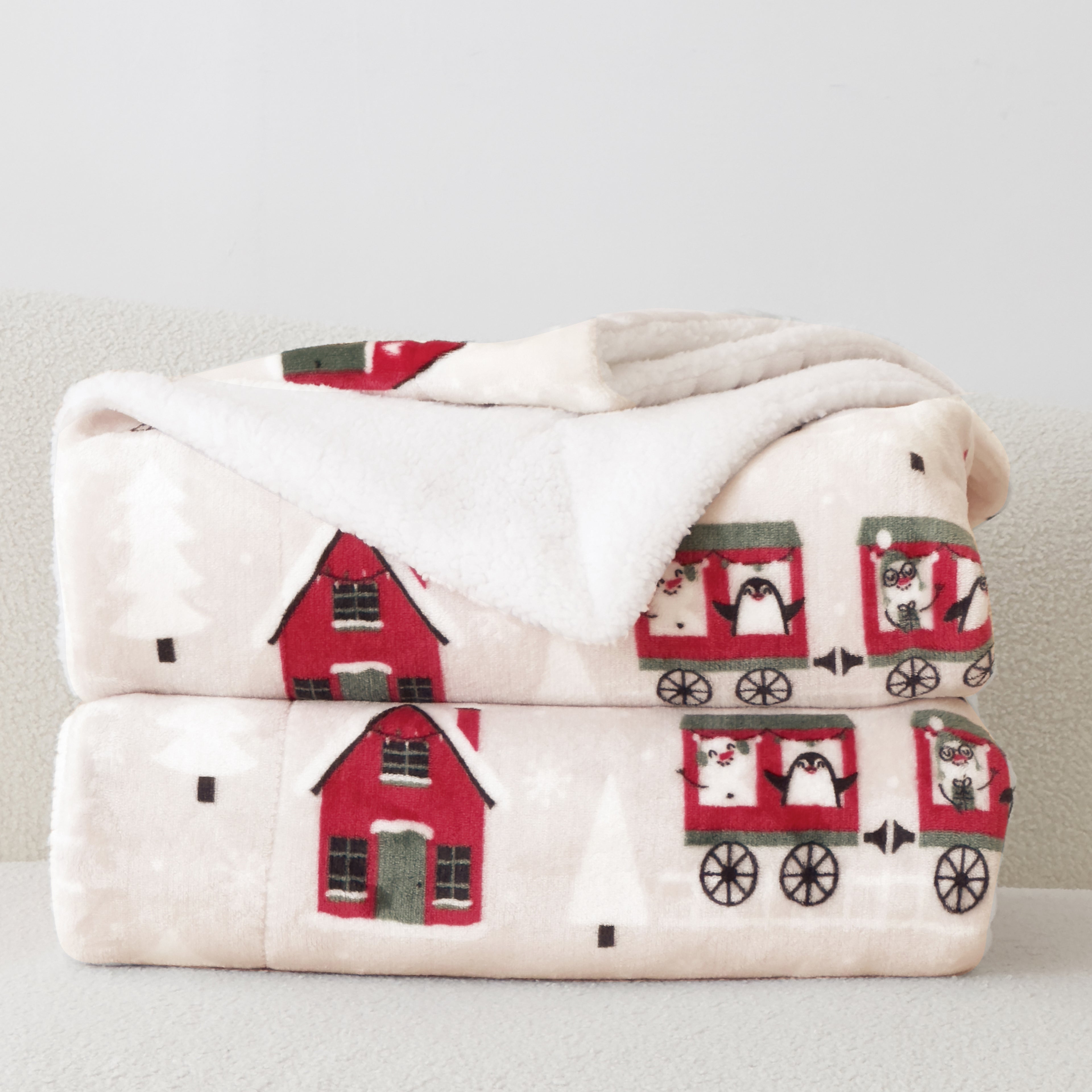Christmas Sherpa Throw with Flannel Fleece - 50 x 60 inches