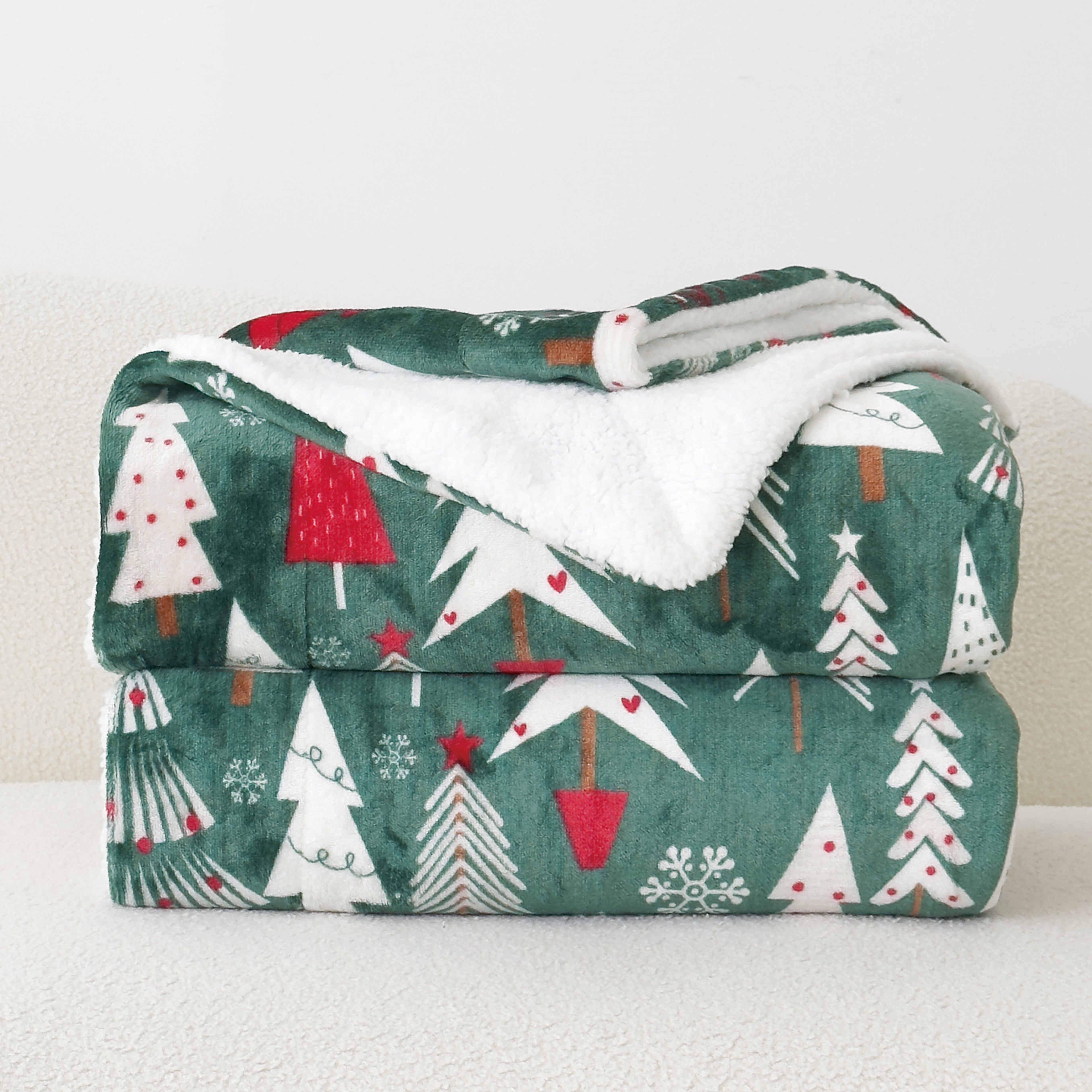 Christmas Sherpa Throw with Flannel Fleece - 50 x 60 inches
