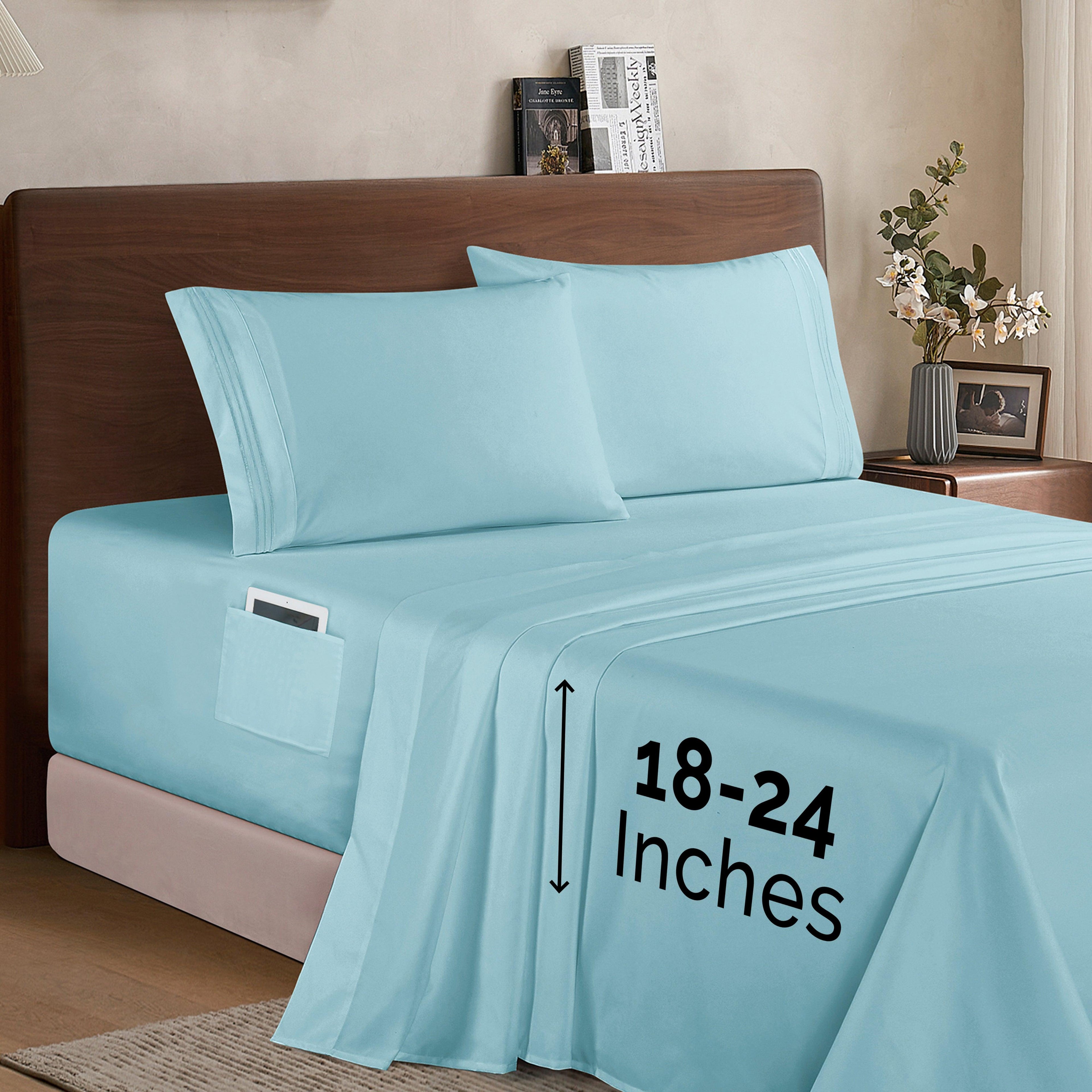 Extra deep 18-24 Inch Pocket 3 Line Embroidery, 4-Piece Sheet Set, Bright Shades