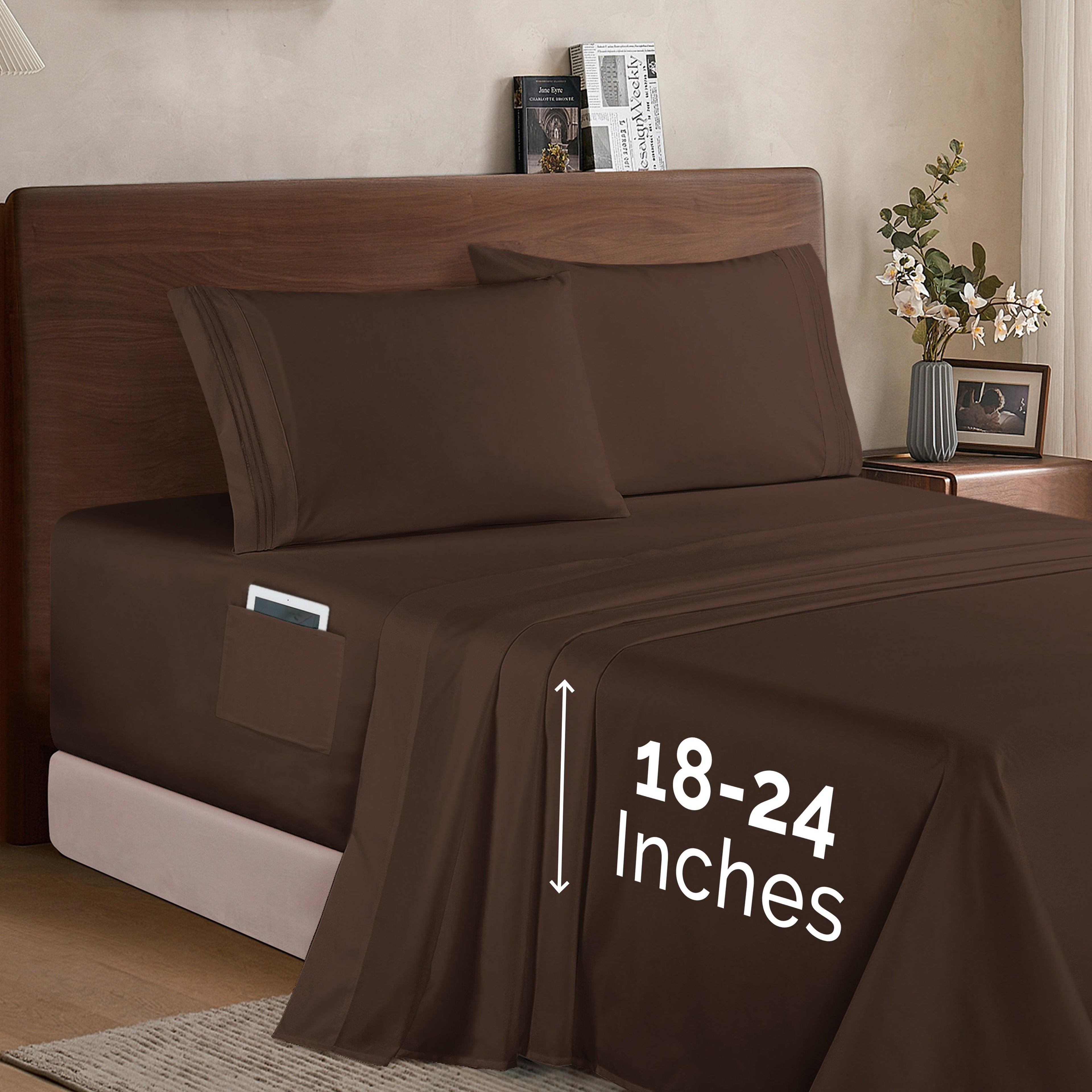 Extra deep 18-24 Inch Pocket 3 Line Embroidery, 4-Piece Sheet Set, Moody Shades