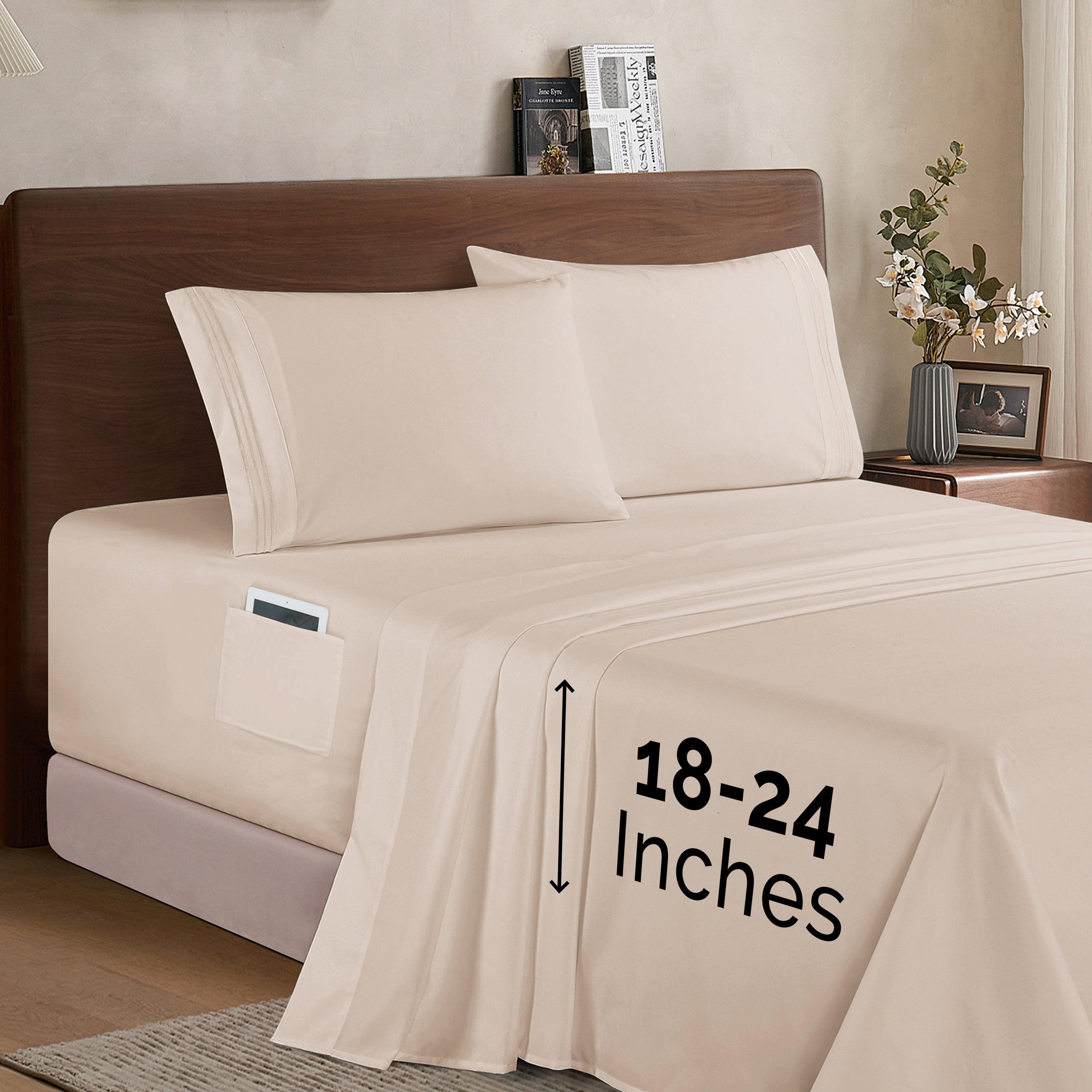 Extra deep 18-24 Inch Pocket 3 Line Embroidery, 4-Piece Sheet Set, Bright Shades