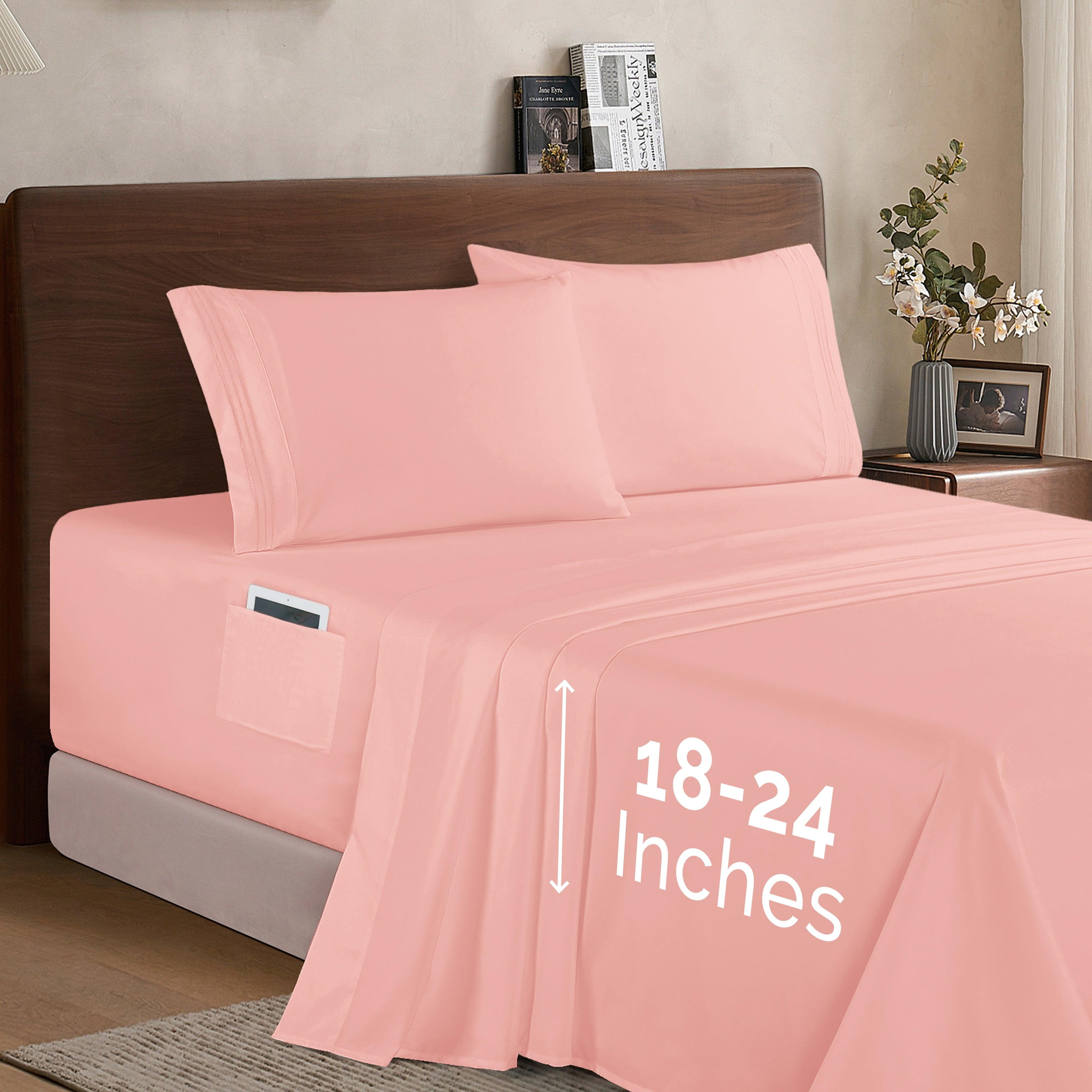 Extra deep 18-24 Inch Pocket 3 Line Embroidery, 4-Piece Sheet Set, Bright Shades
