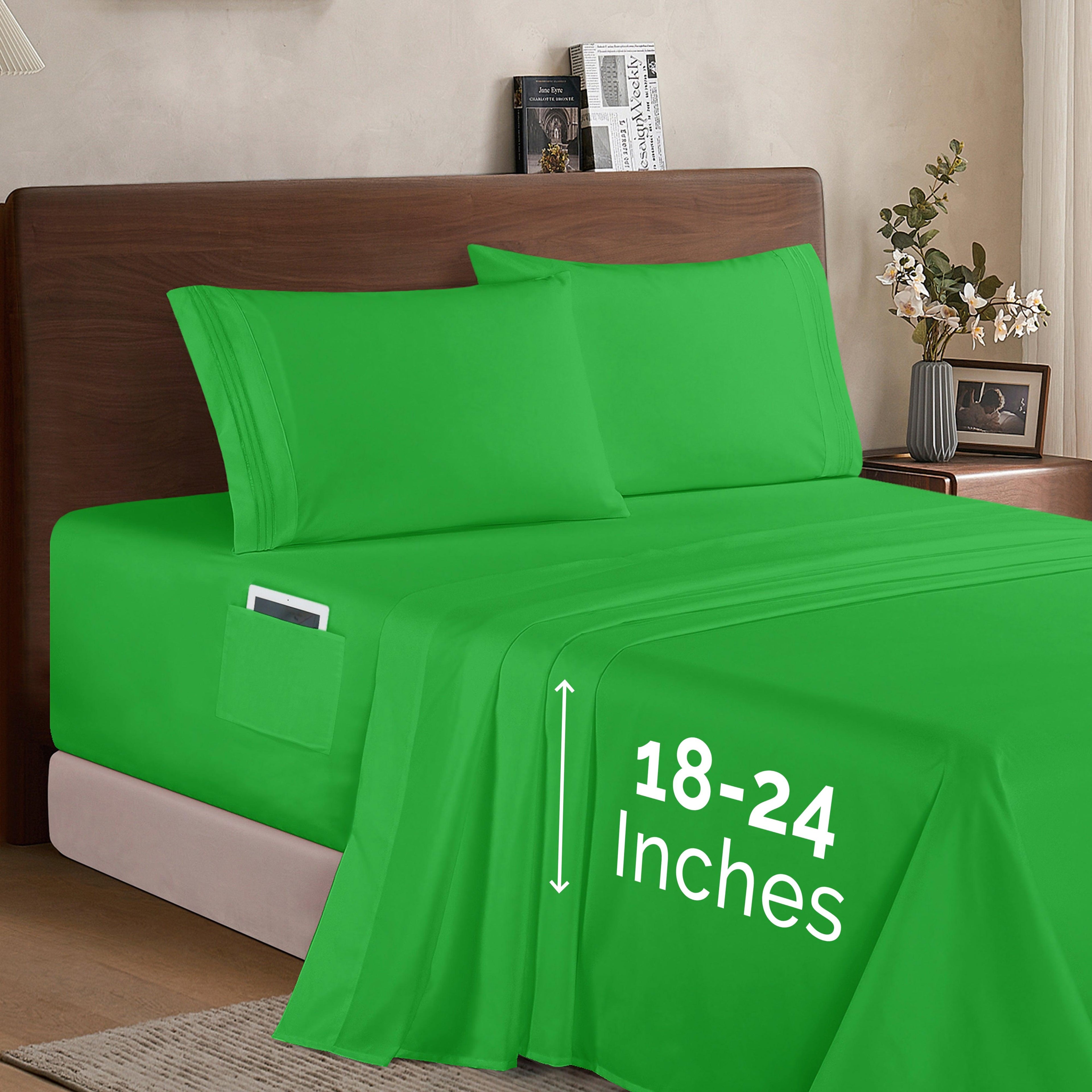 Extra deep 18-24 Inch Pocket 3 Line Embroidery, 4-Piece Sheet Set, Bright Shades
