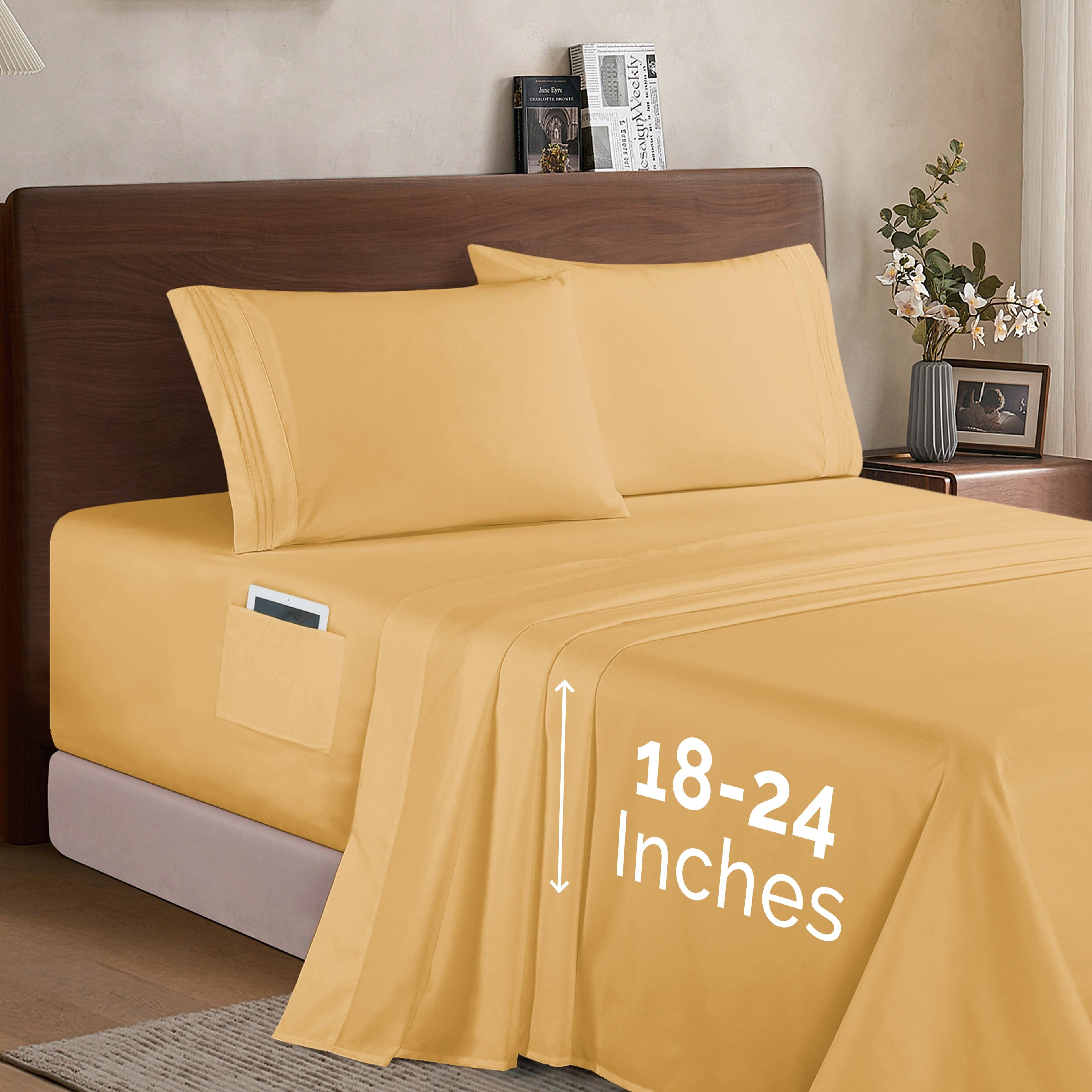 Extra deep 18-24 Inch Pocket 3 Line Embroidery, 4-Piece Sheet Set, Bright Shades