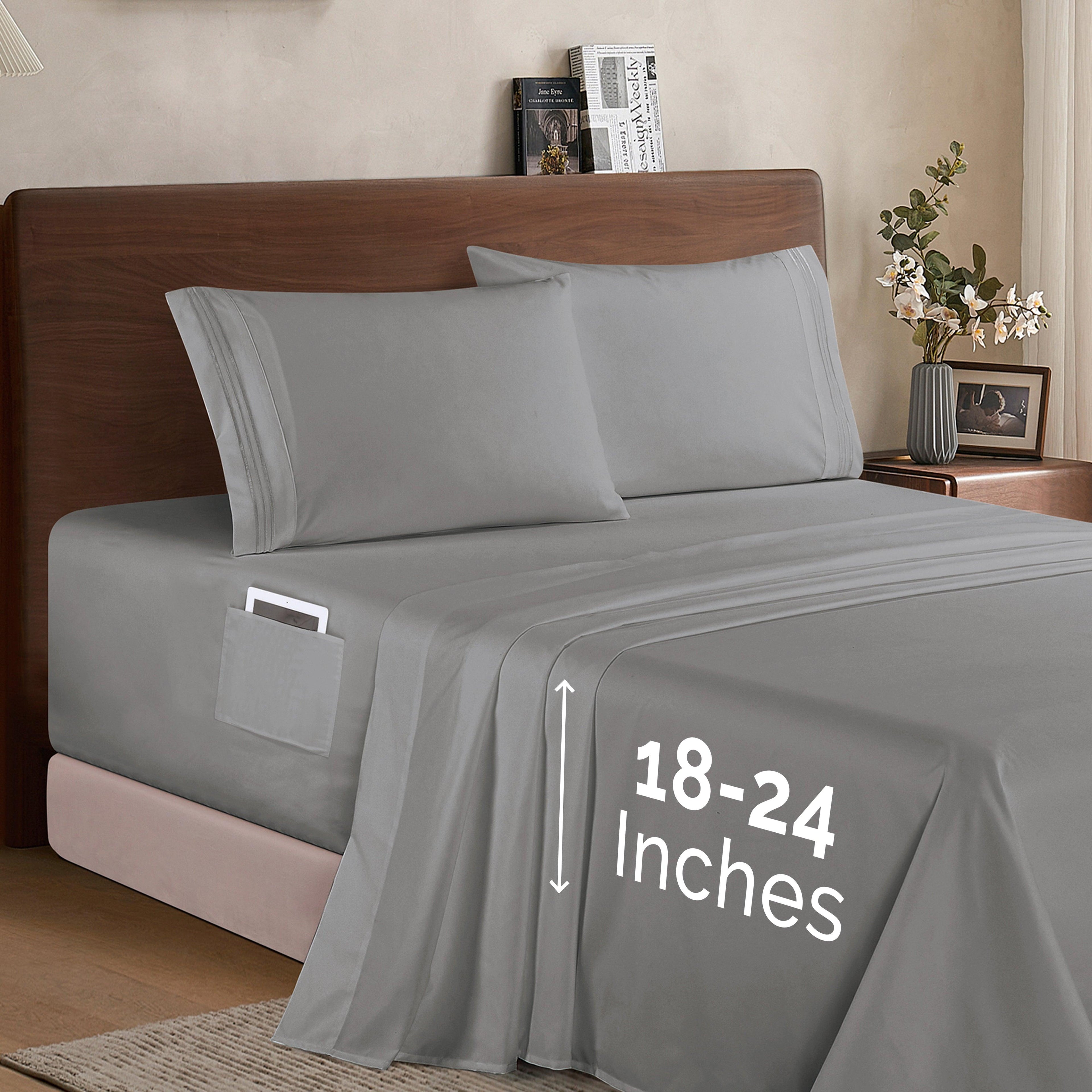 Extra deep 18-24 Inch Pocket 3 Line Embroidery, 4-Piece Sheet Set, Moody Shades