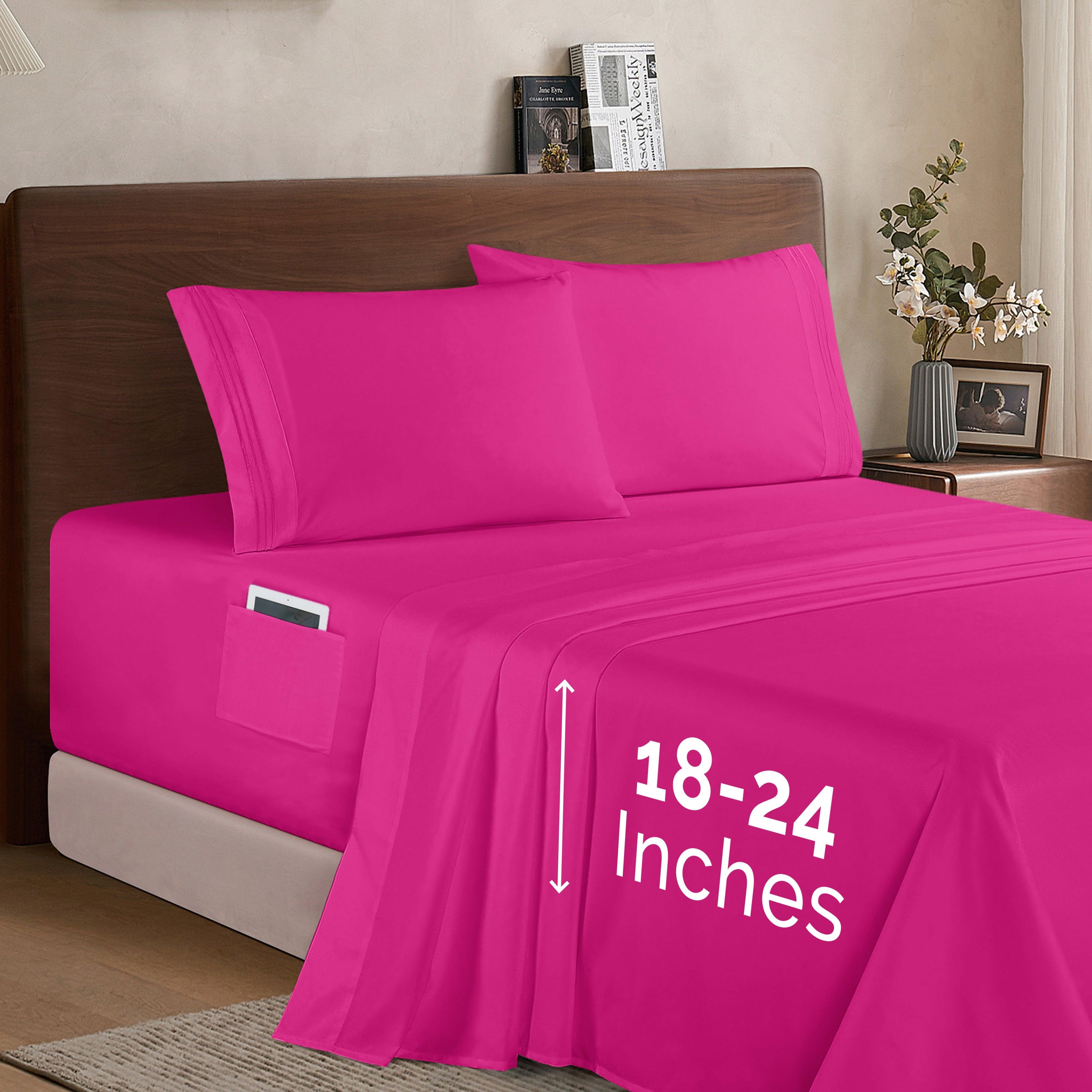 Extra deep 18-24 Inch Pocket 3 Line Embroidery, 4-Piece Sheet Set, Bright Shades