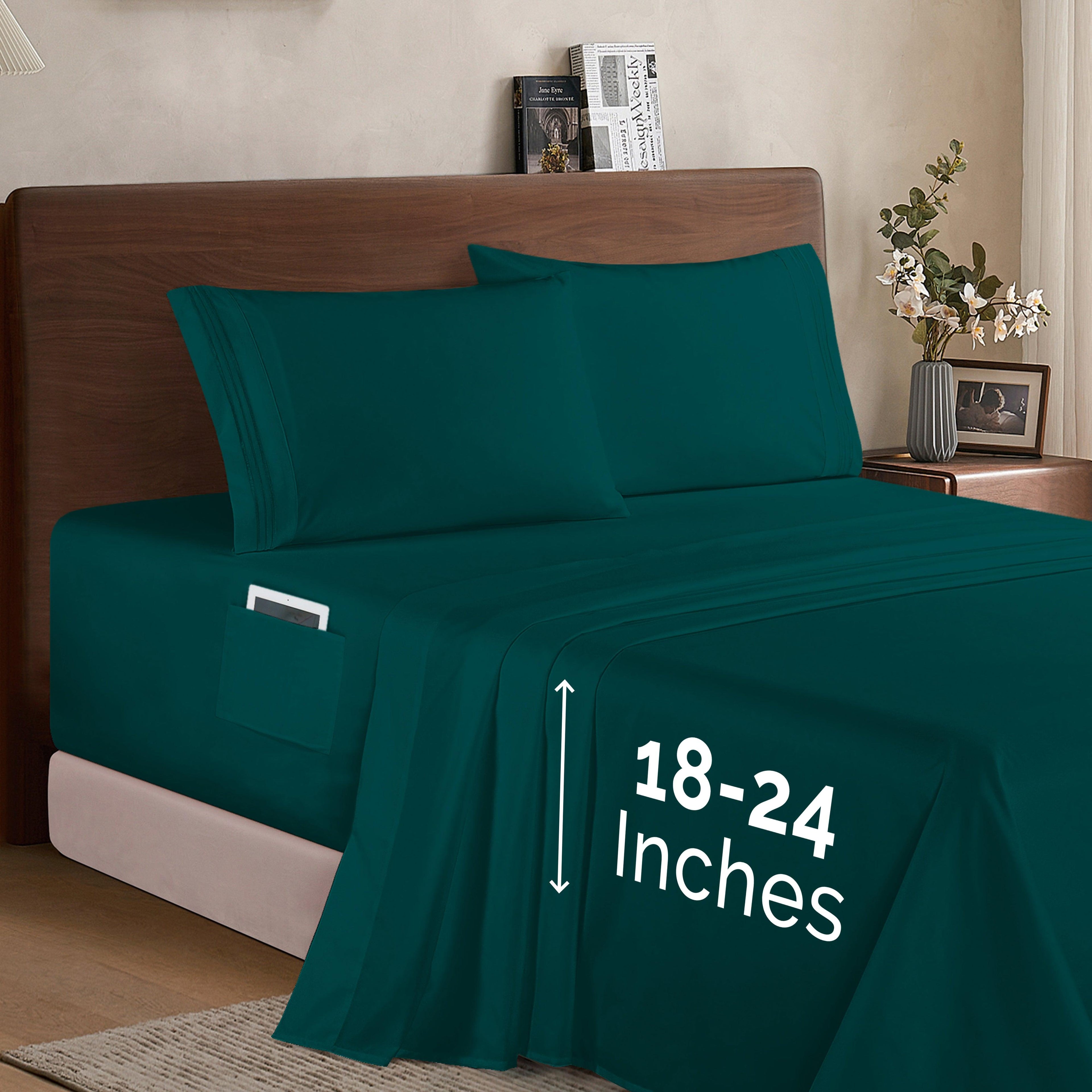 Extra deep 18-24 Inch Pocket 3 Line Embroidery, 4-Piece Sheet Set, Moody Shades