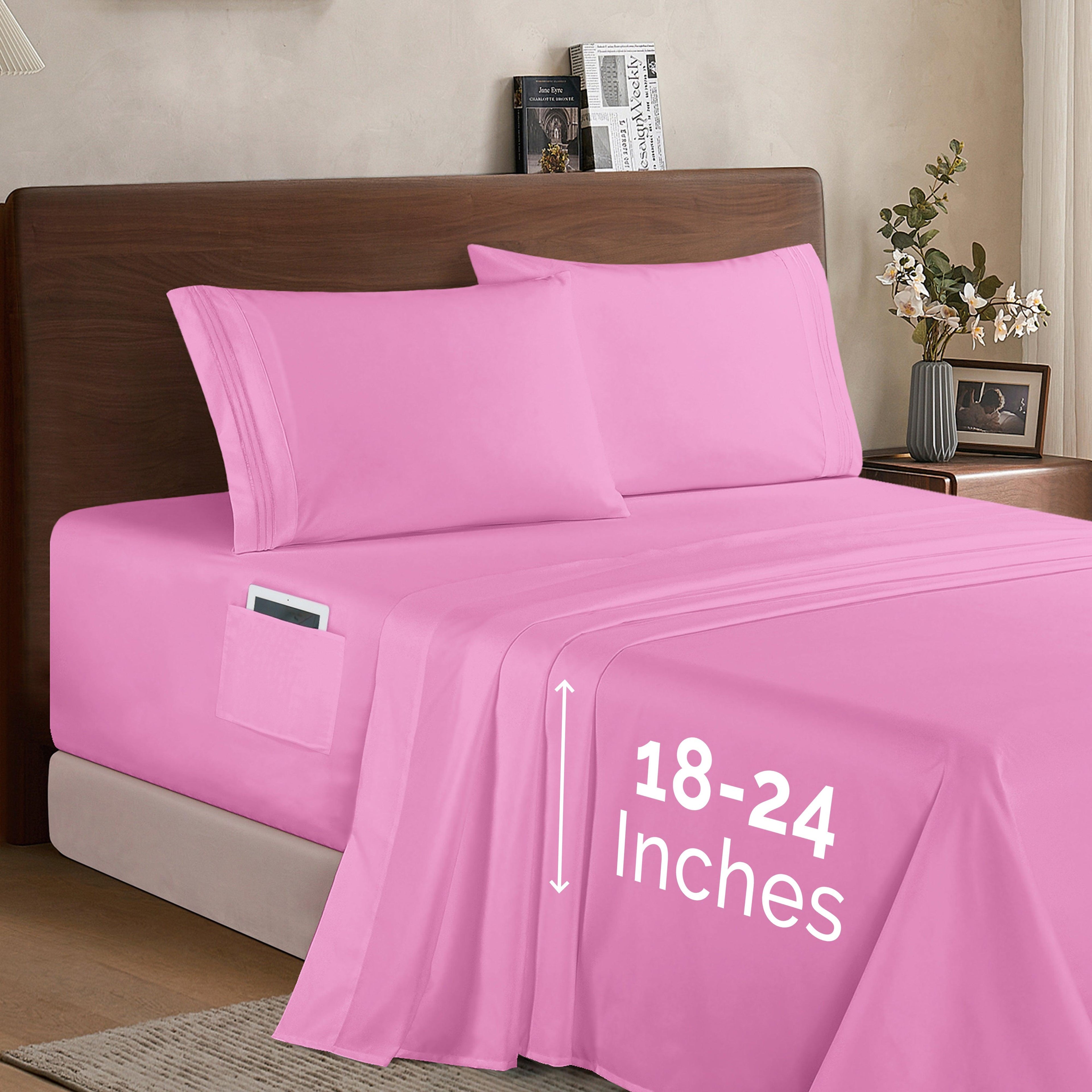 Extra deep 18-24 Inch Pocket 3 Line Embroidery, 4-Piece Sheet Set, Bright Shades