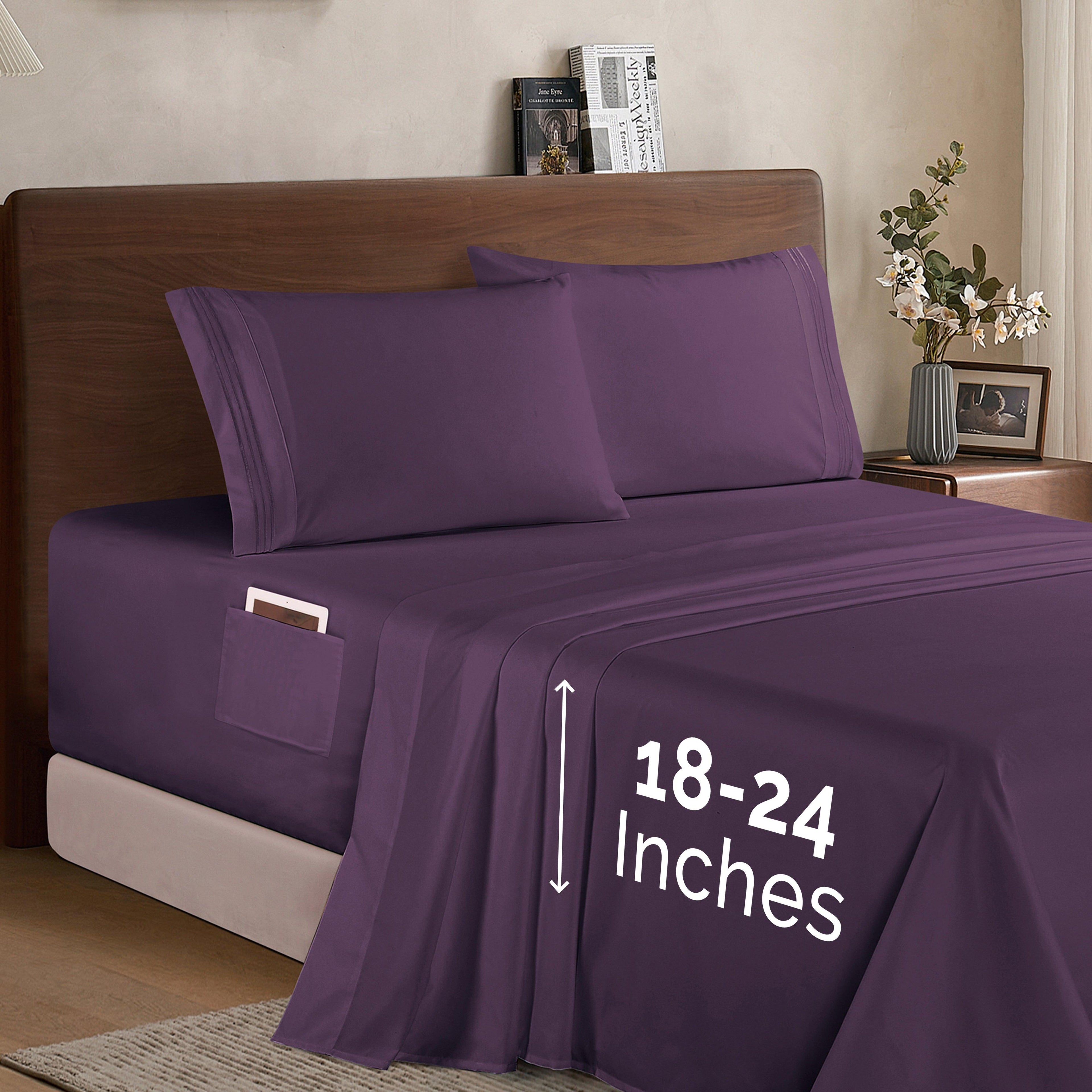 Extra deep 18-24 Inch Pocket 3 Line Embroidery, 4-Piece Sheet Set, Moody Shades