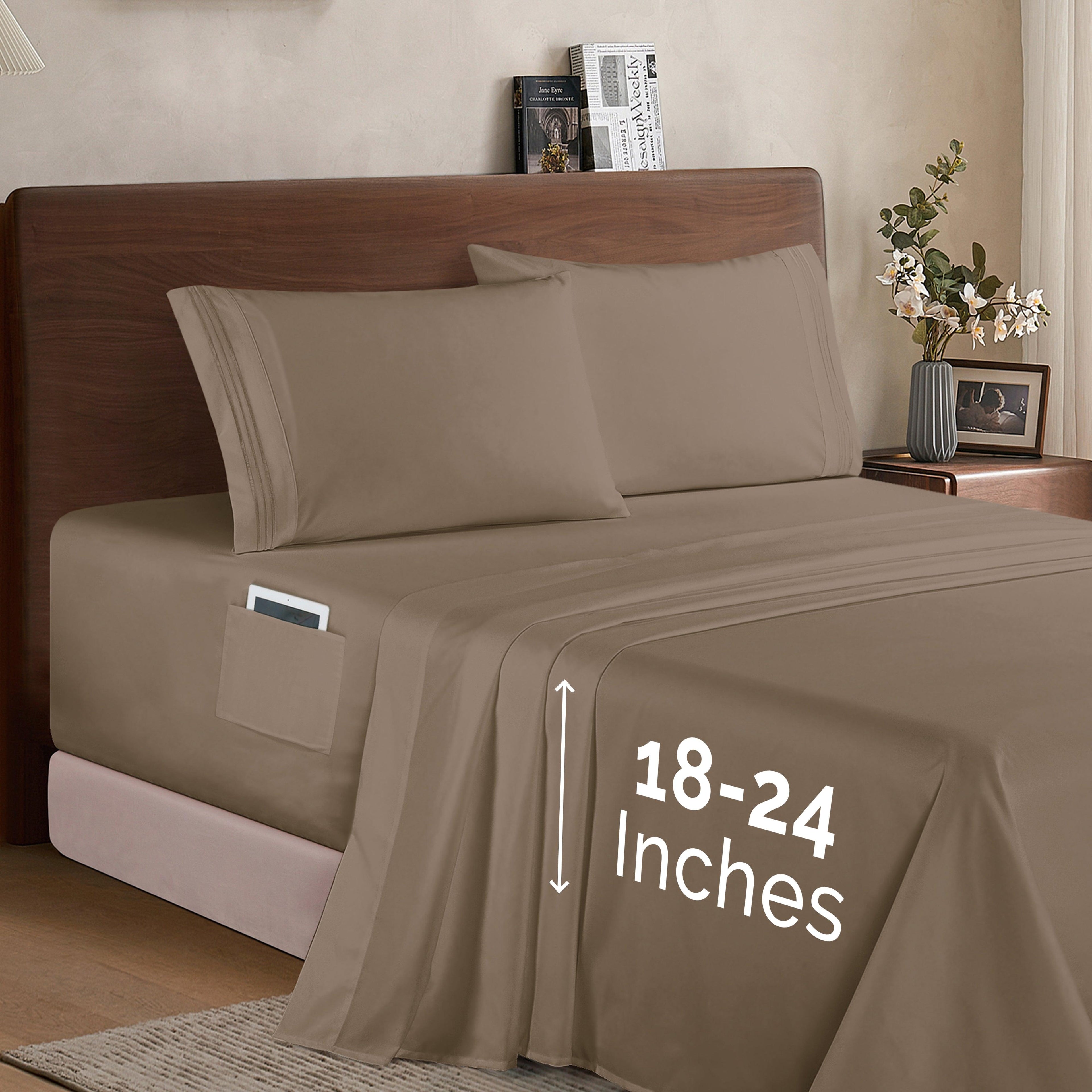 Extra deep 18-24 Inch Pocket 3 Line Embroidery, 4-Piece Sheet Set, Moody Shades