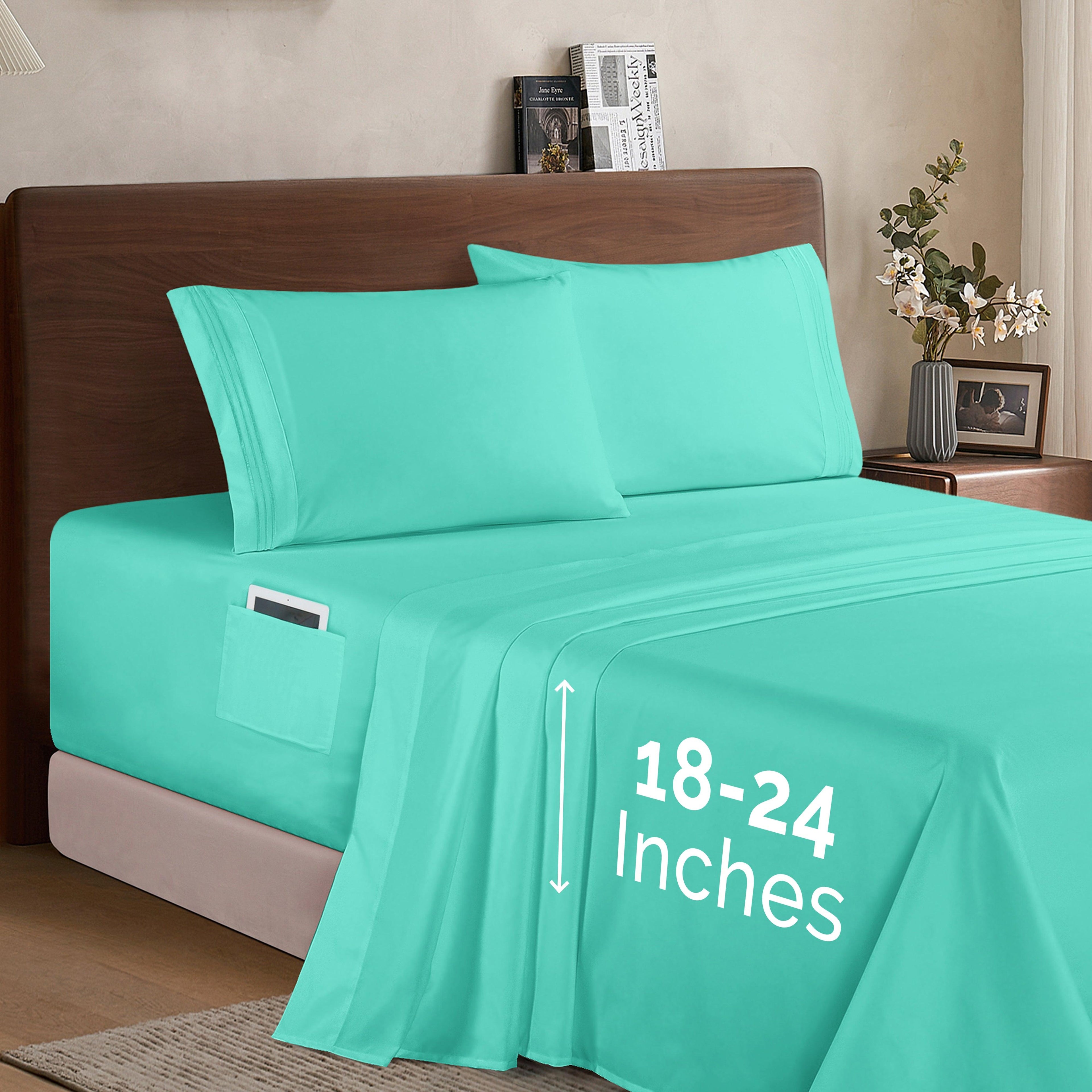 Extra deep 18-24 Inch Pocket 3 Line Embroidery, 4-Piece Sheet Set, Bright Shades