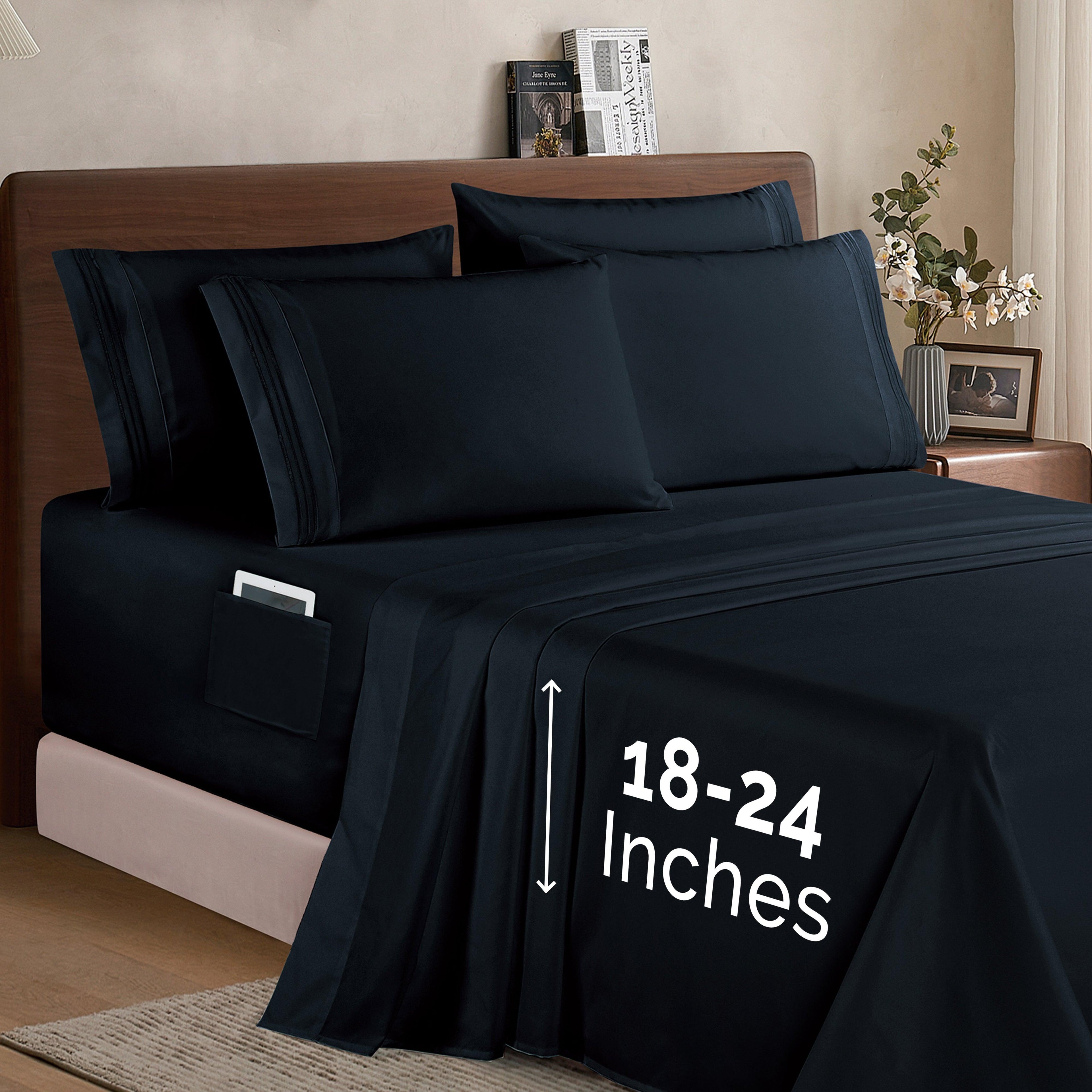 Extra deep 18-24 Inch Pocket 3 Line Embroidery, 6-Piece Sheet Set, Moody Shades