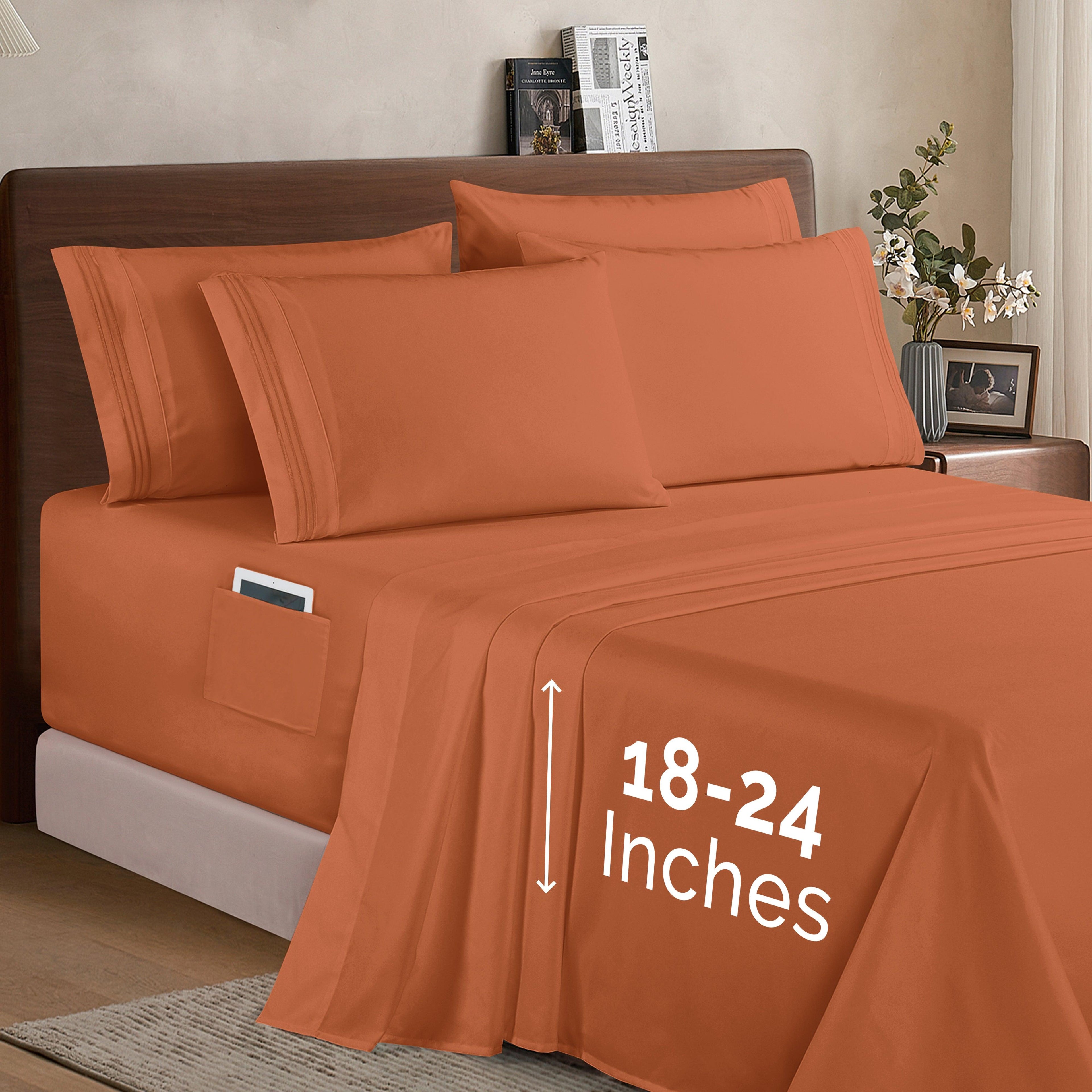 Extra deep 18-24 Inch Pocket 3 Line Embroidery, 6-Piece Sheet Set, Moody Shades